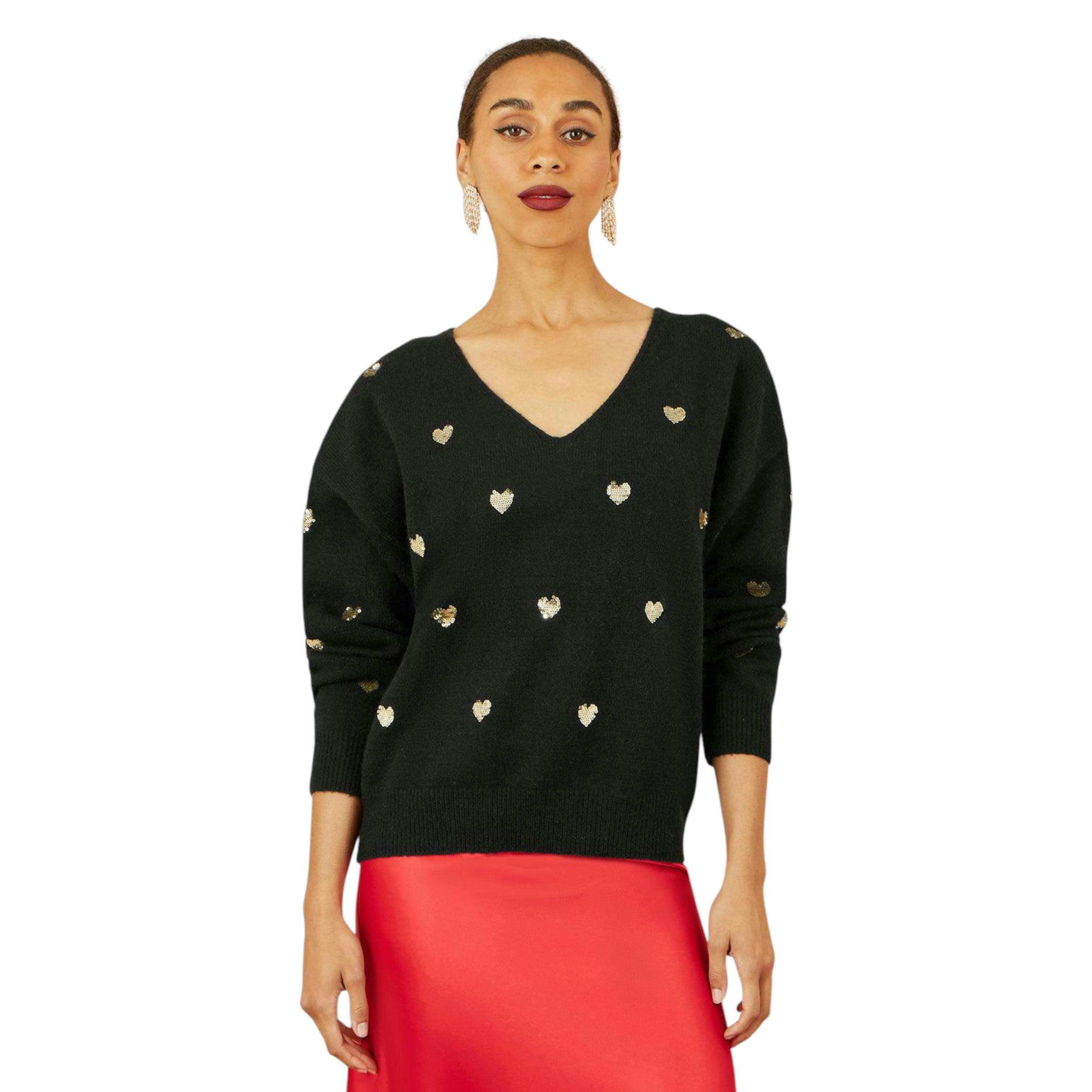Yumi Black Sequin Heart V Neck Jumper , view 1 of 2