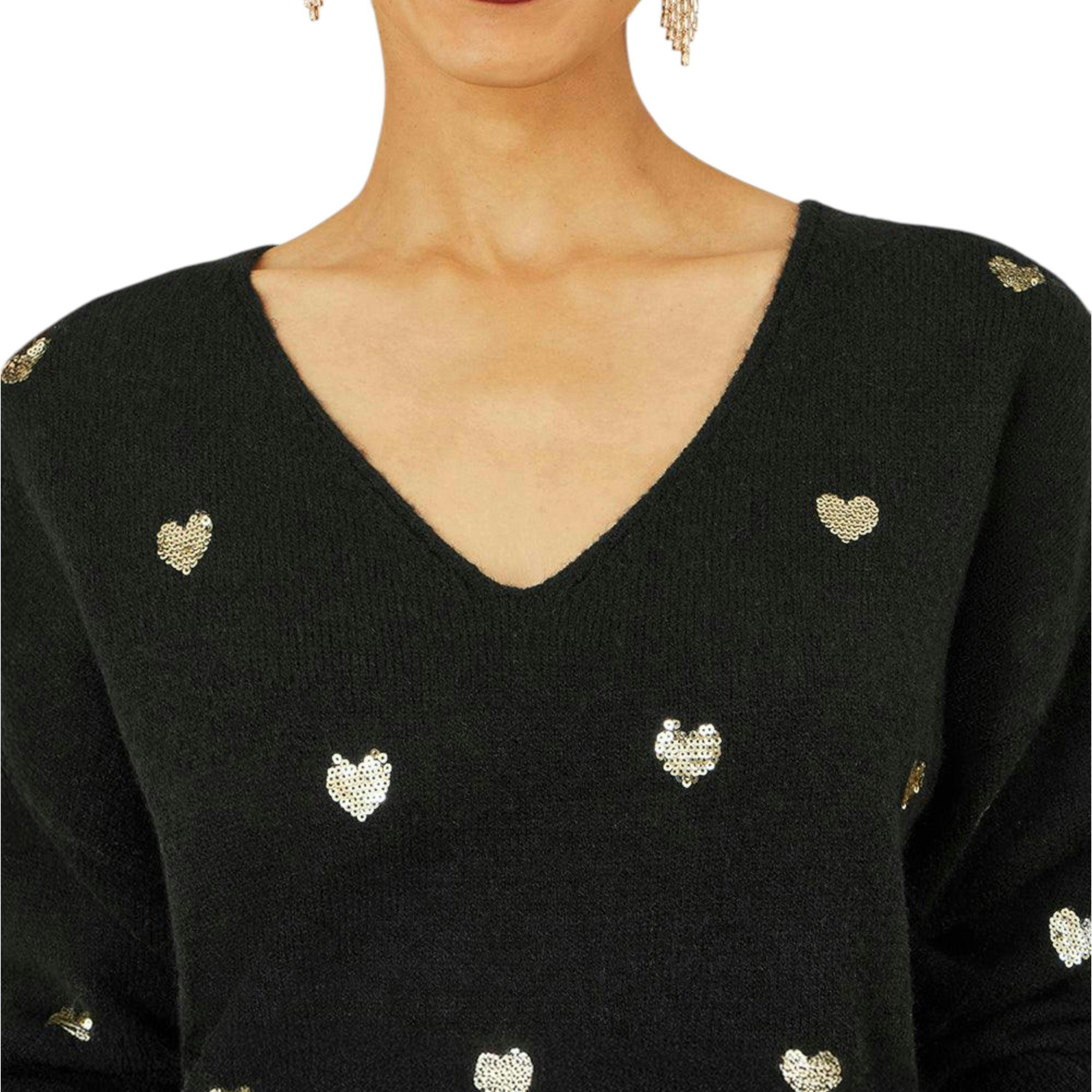 Yumi Black Sequin Heart V Neck Jumper , view 2 of 2