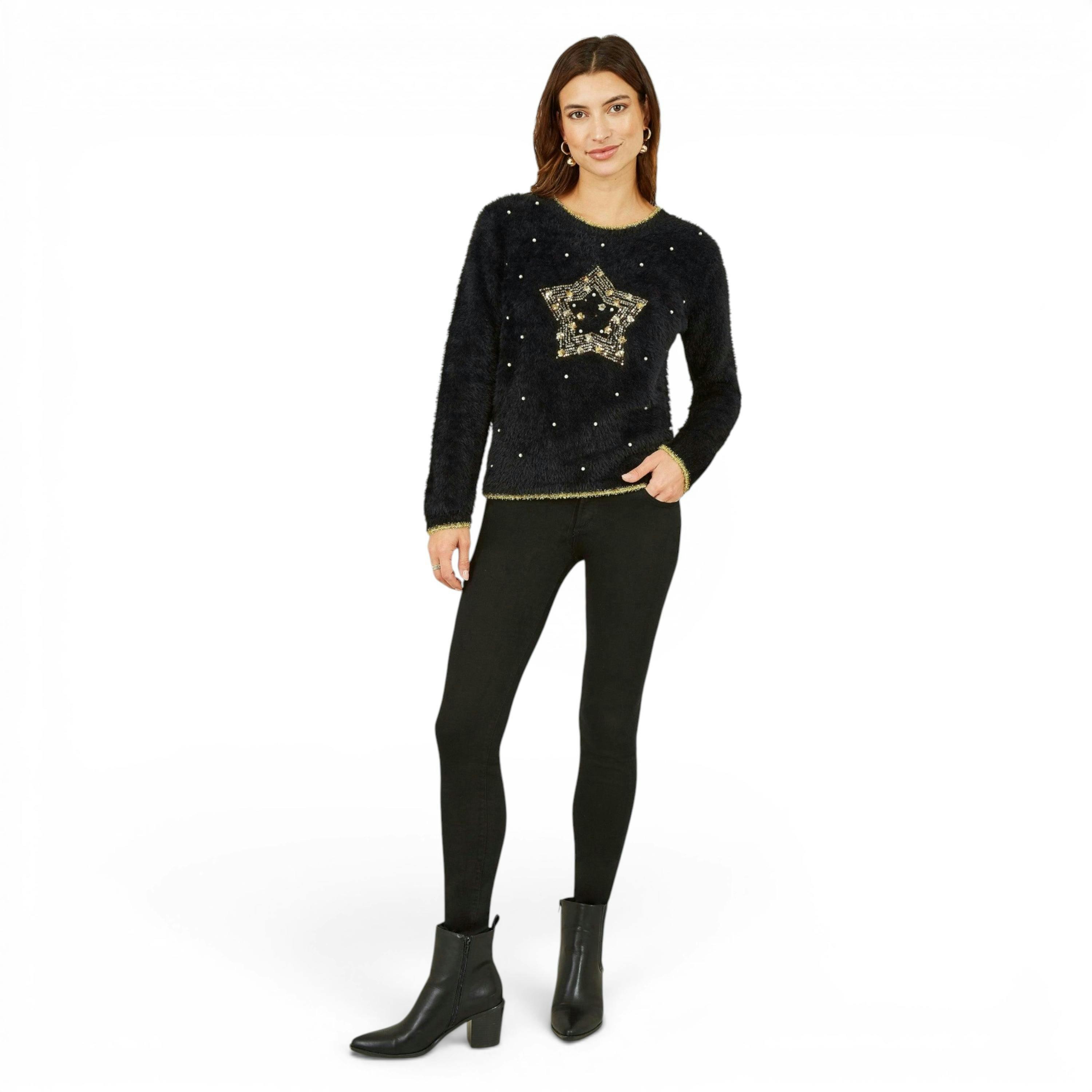 Yumi Black Fluffy Star Christmas Jumper , view 1 of 3