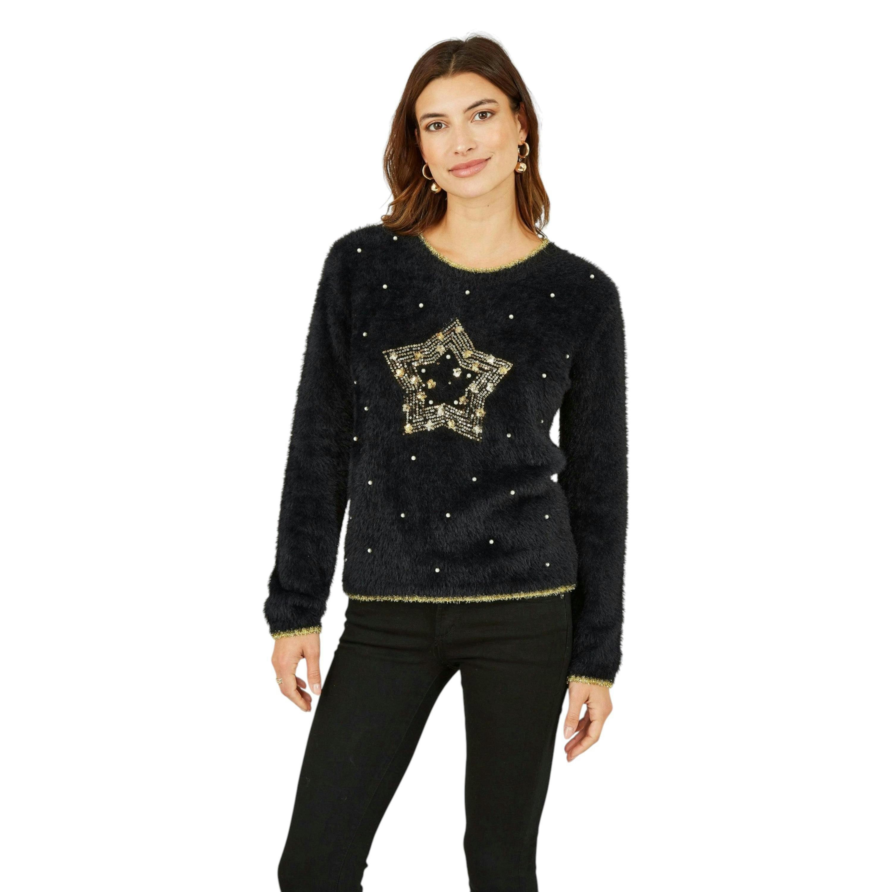 Yumi Black Fluffy Star Christmas Jumper , view 3 of 3