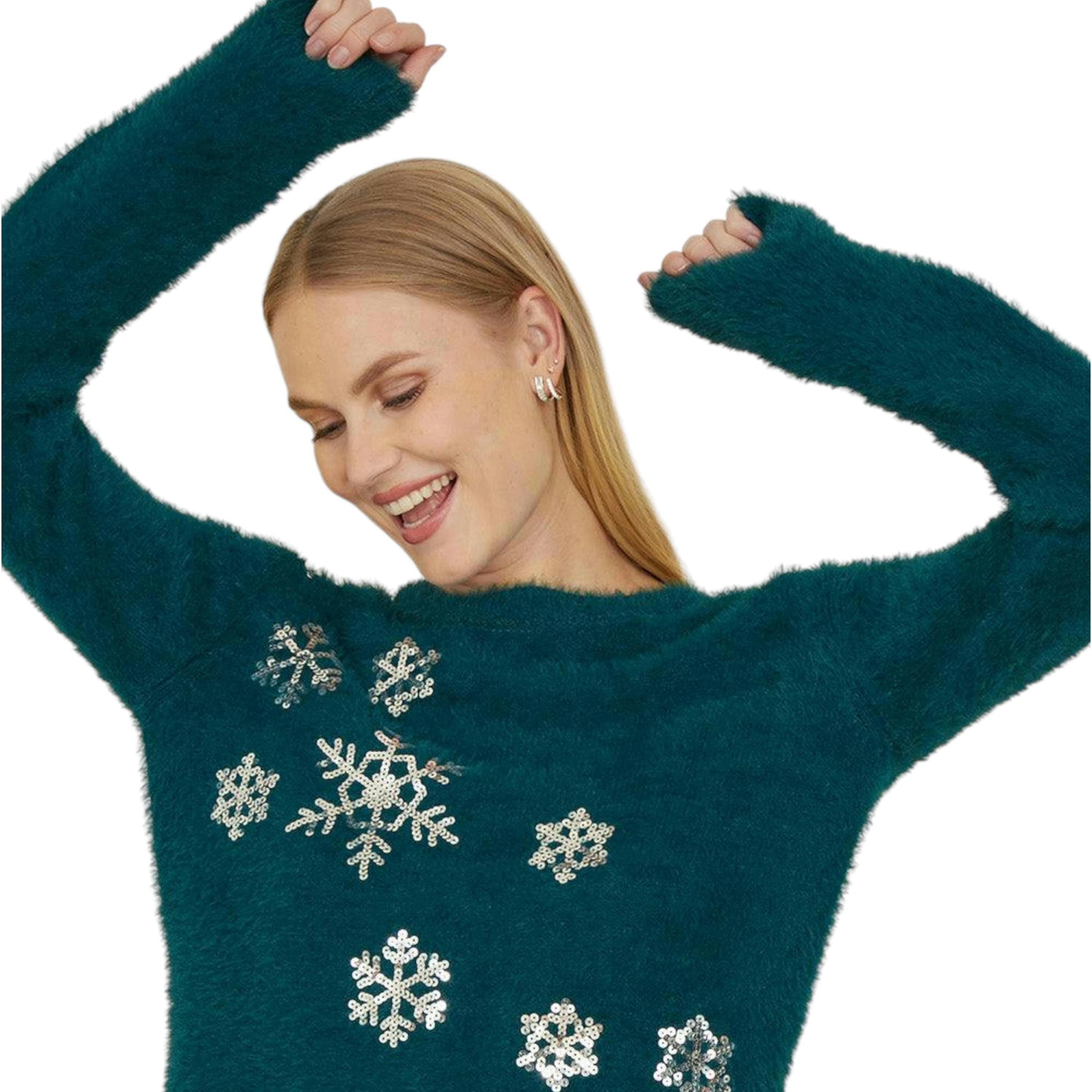 Yumi Teal Sequin Snowflake Fluffy Jumper , view 1 of 5