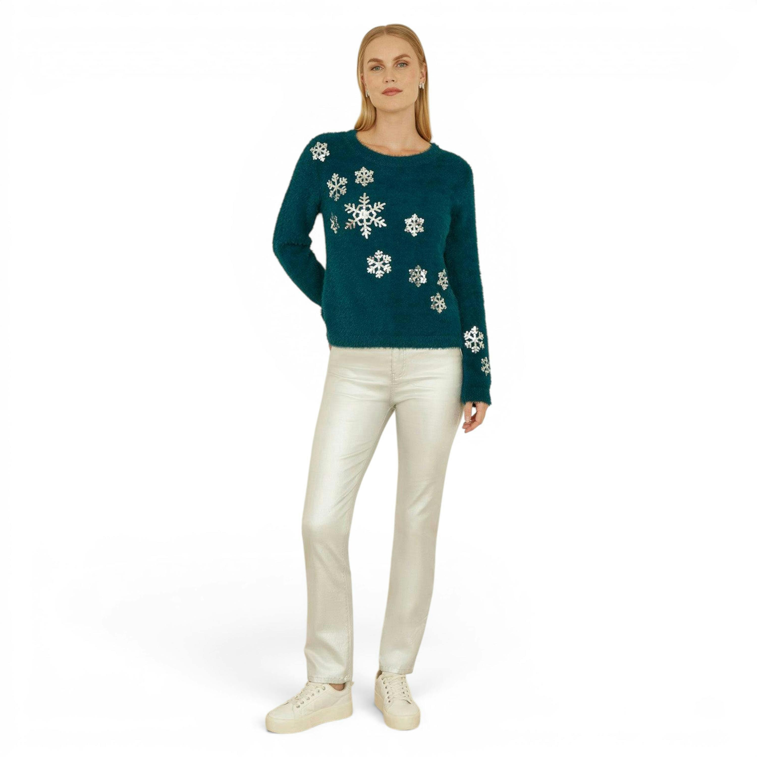 Yumi Teal Sequin Snowflake Fluffy Jumper , view 2 of 5