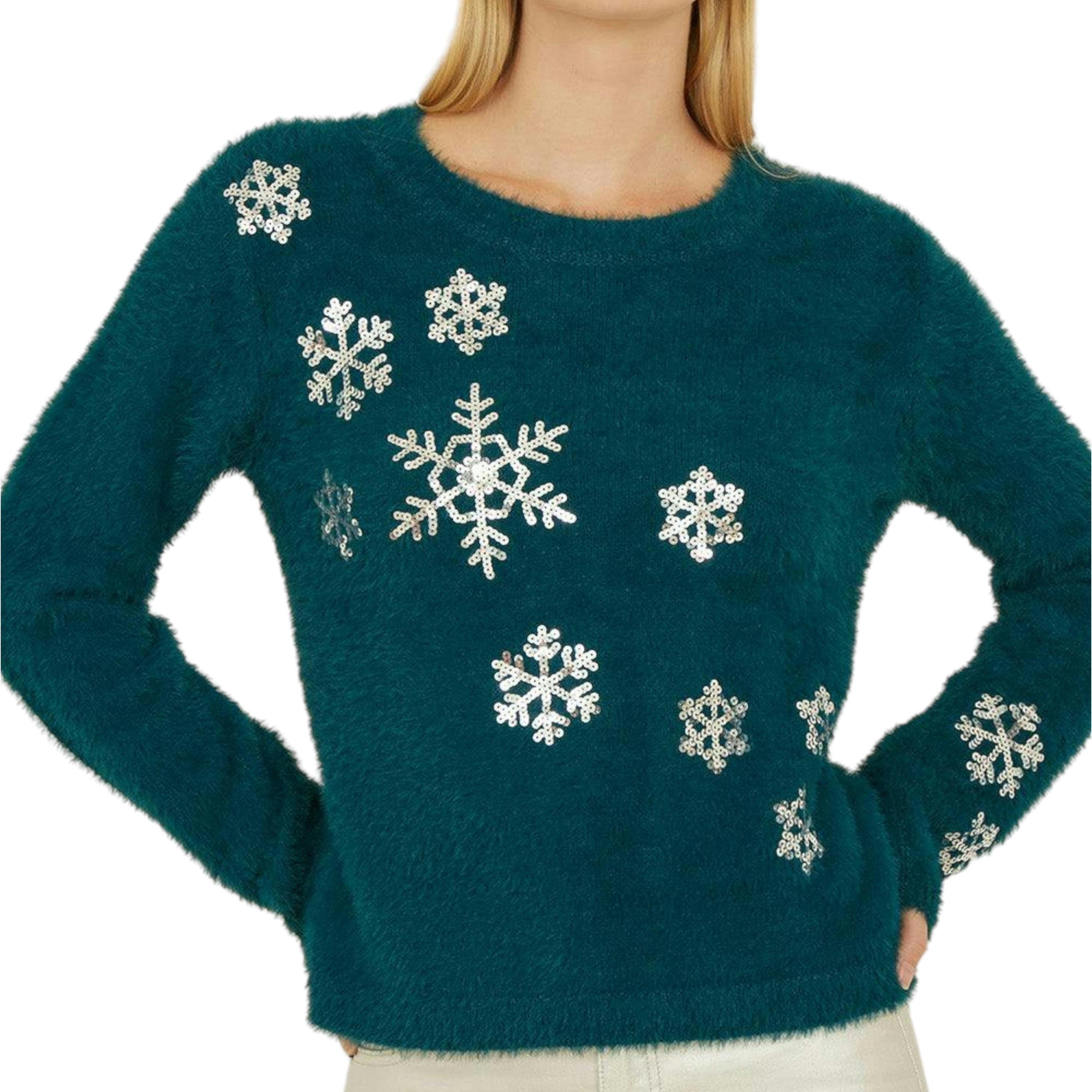 Yumi Teal Sequin Snowflake Fluffy Jumper , view 3 of 5