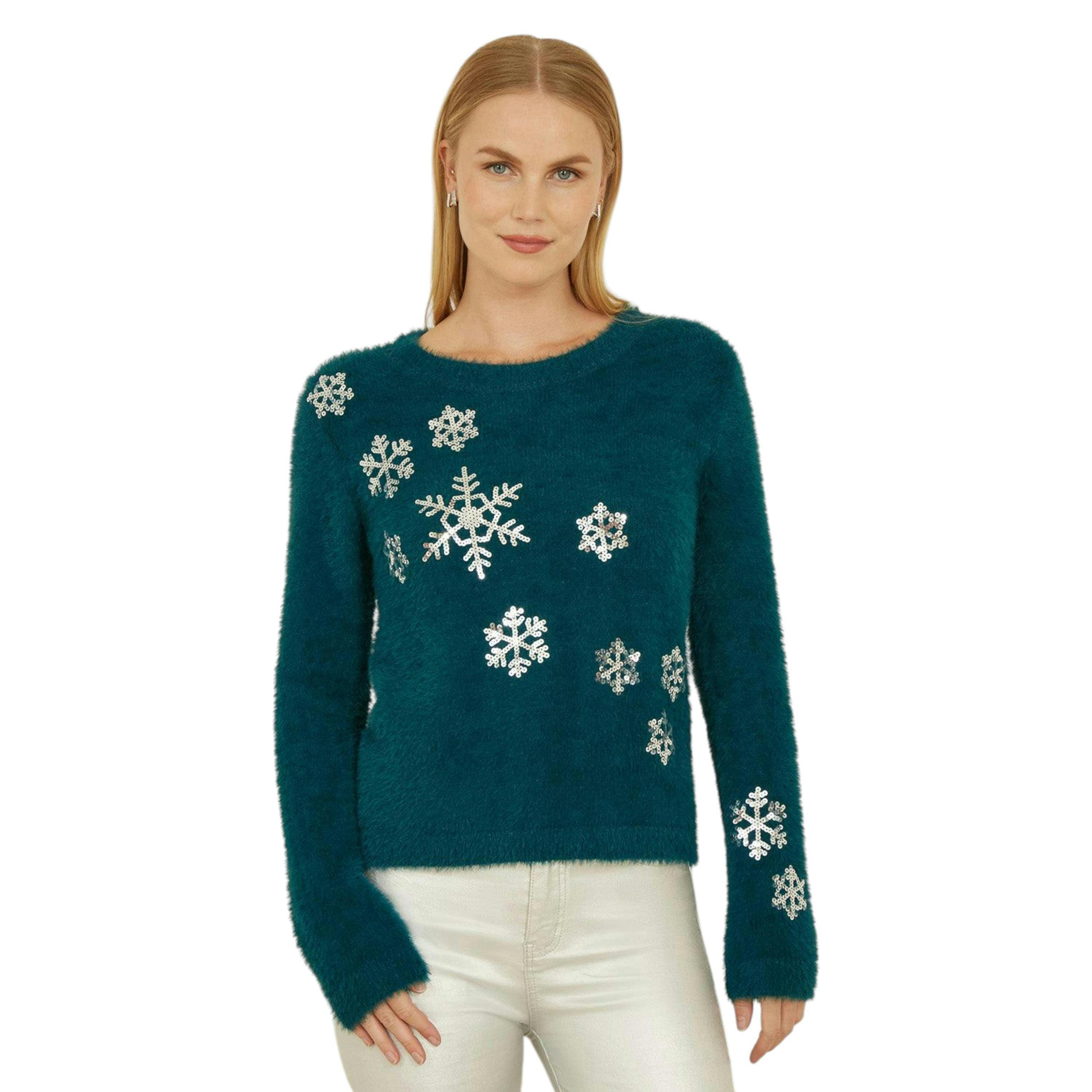 Yumi Teal Sequin Snowflake Fluffy Jumper , view 5 of 5