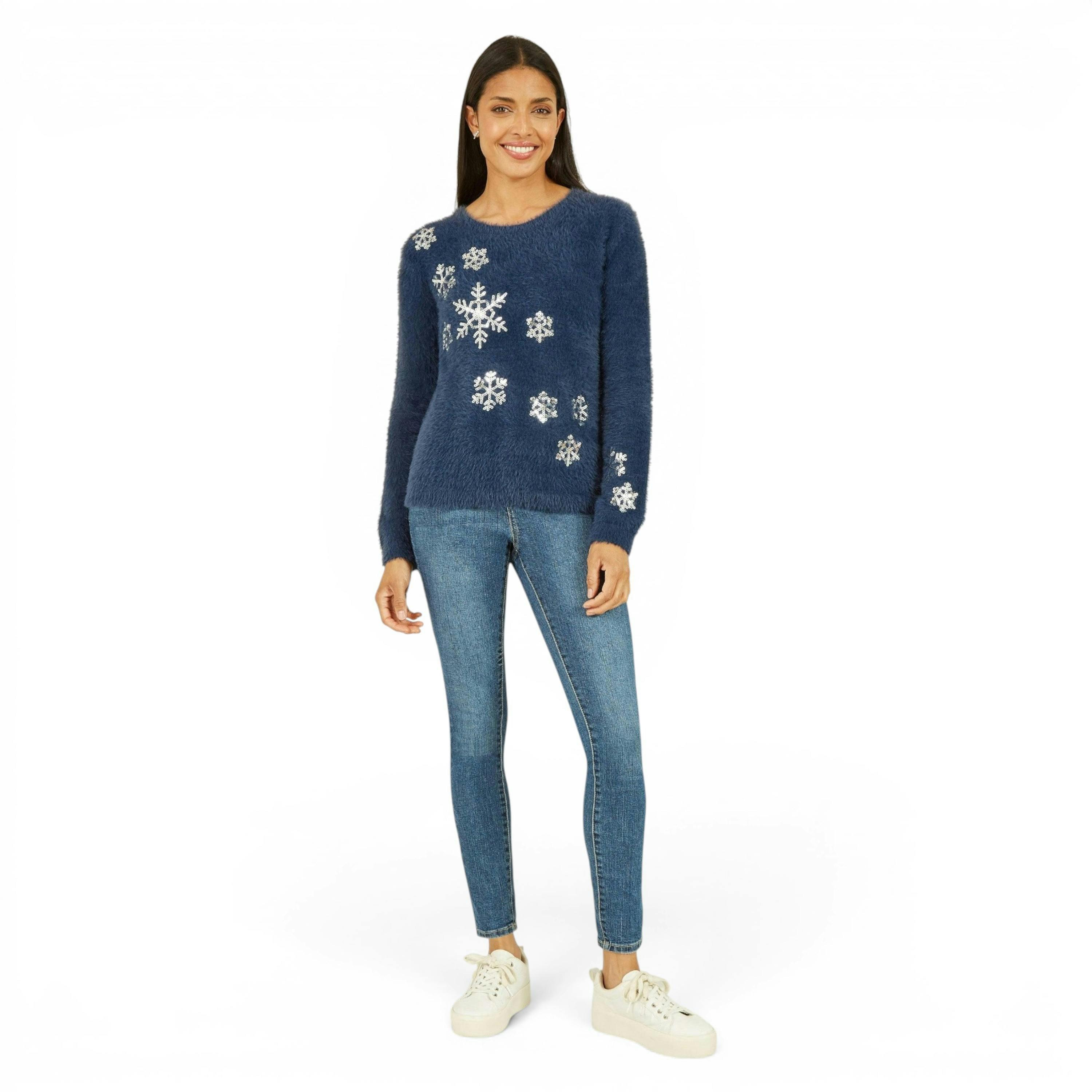 Yumi Navy Sequin Snowflake Fluffy Jumper , view 1 of 3