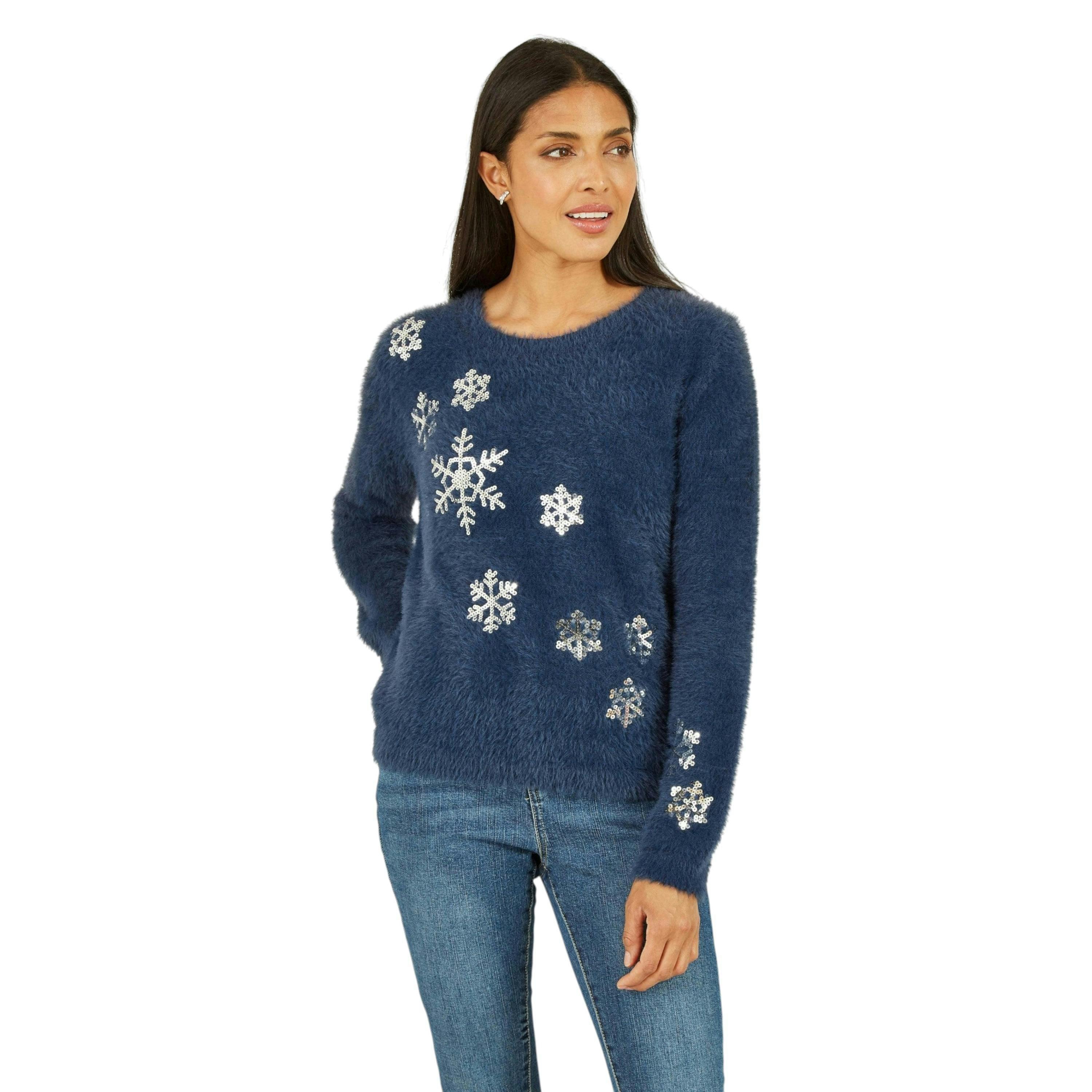 Yumi Navy Sequin Snowflake Fluffy Jumper , view 2 of 3