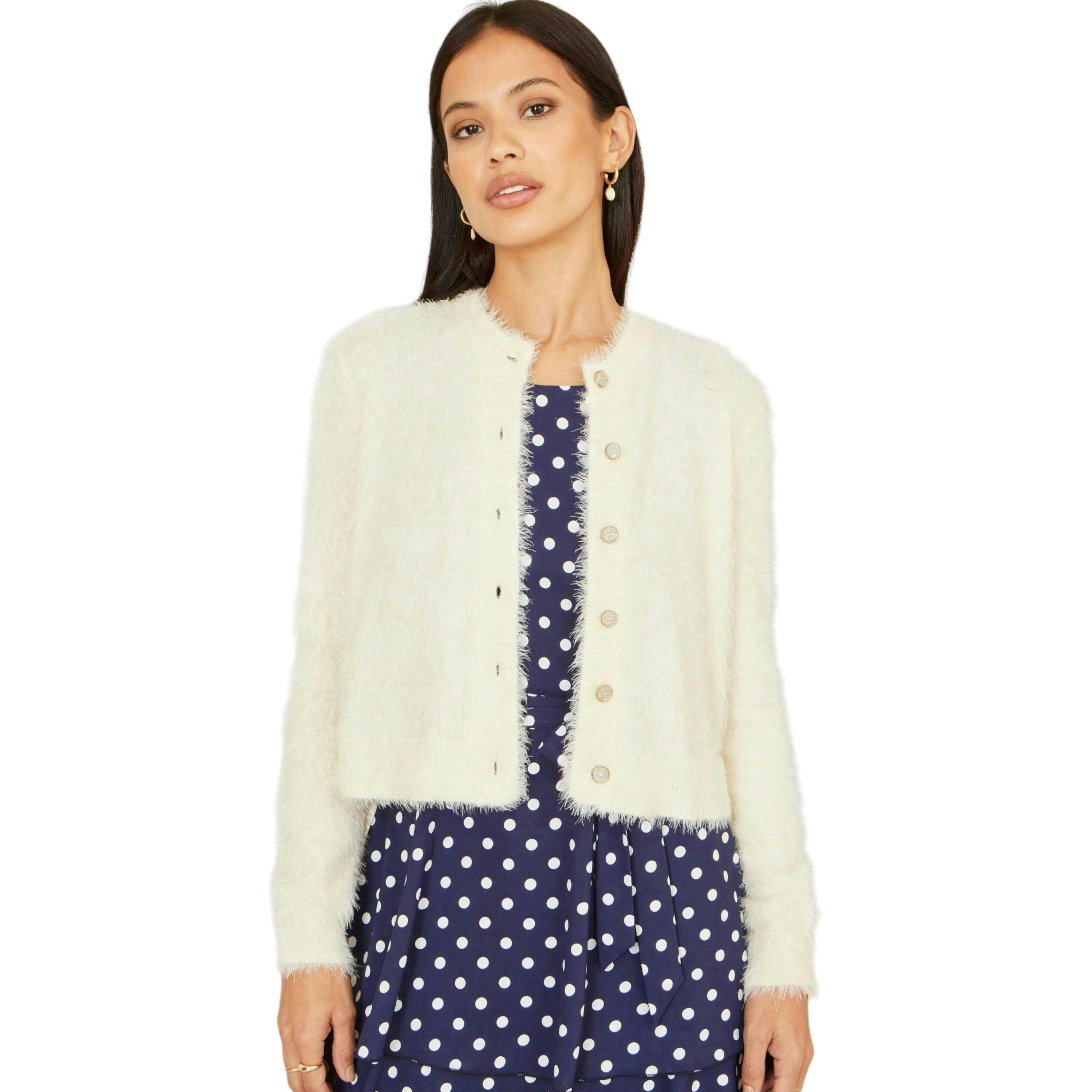 Yumi Ivory Eyelash Knit Cropped Cardigan , view 1 of 5