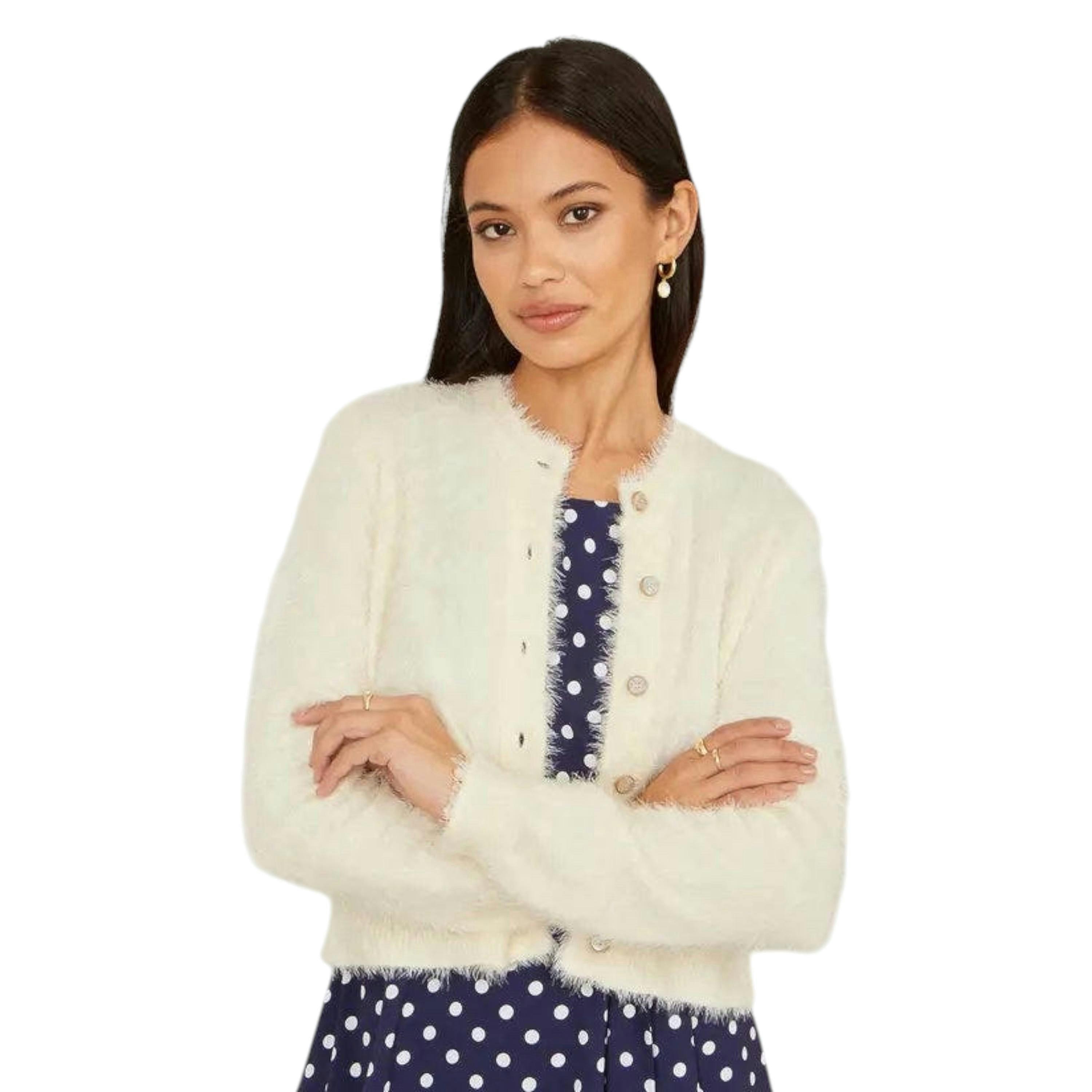 Yumi Ivory Eyelash Knit Cropped Cardigan , view 2 of 5