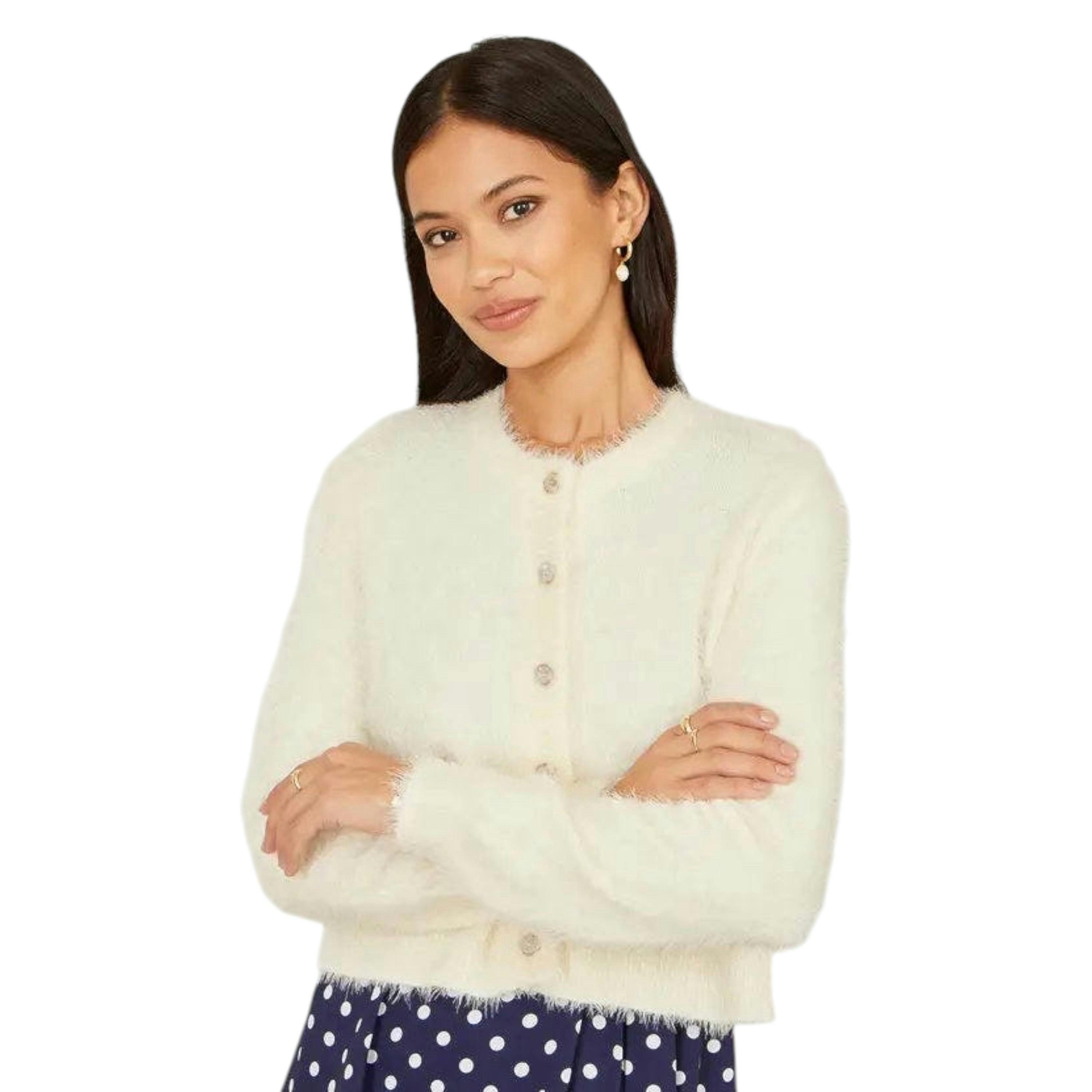 Yumi Ivory Eyelash Knit Cropped Cardigan , view 3 of 5