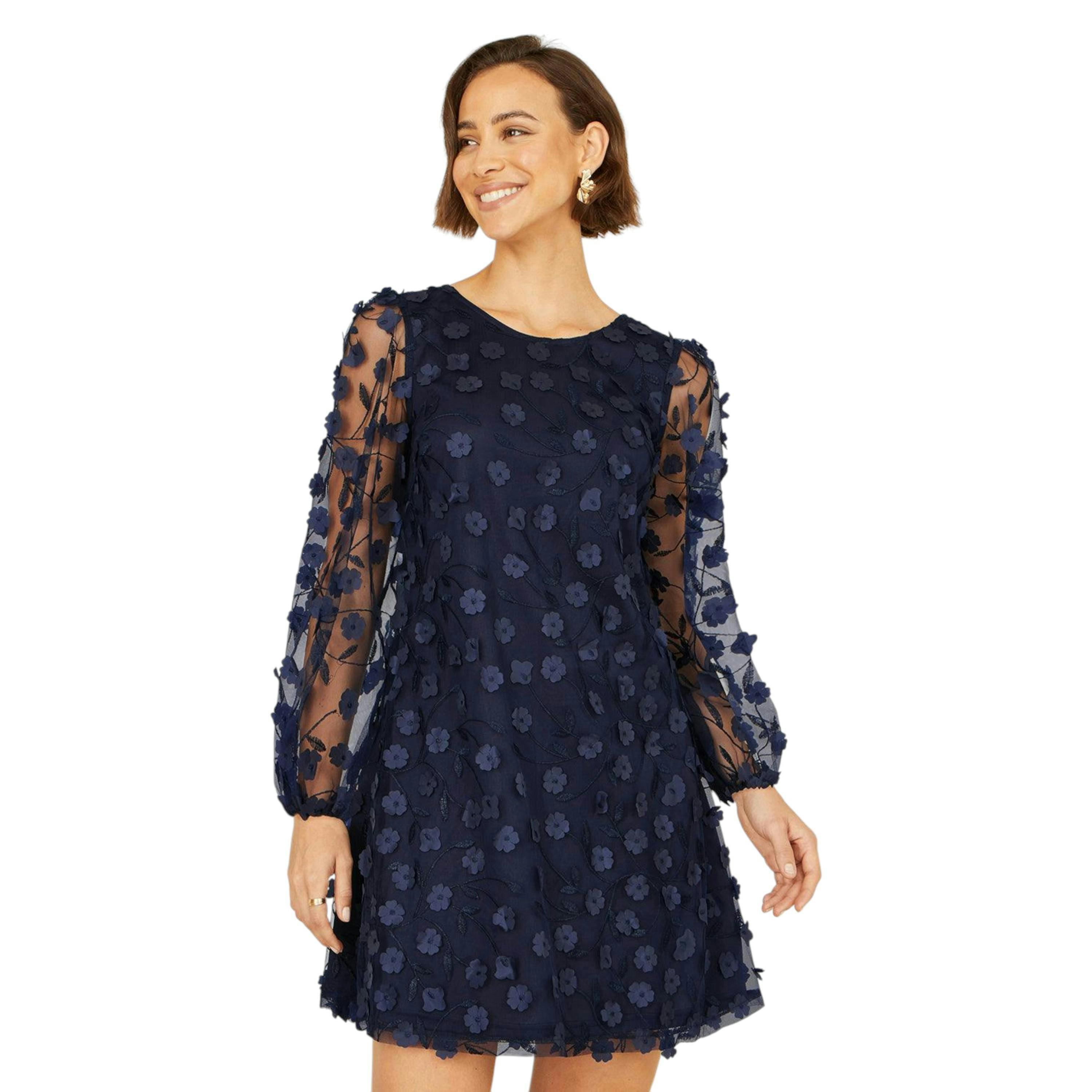 Yumi Navy Long Sleeve Floral Applique Tunic , view 1 of 6