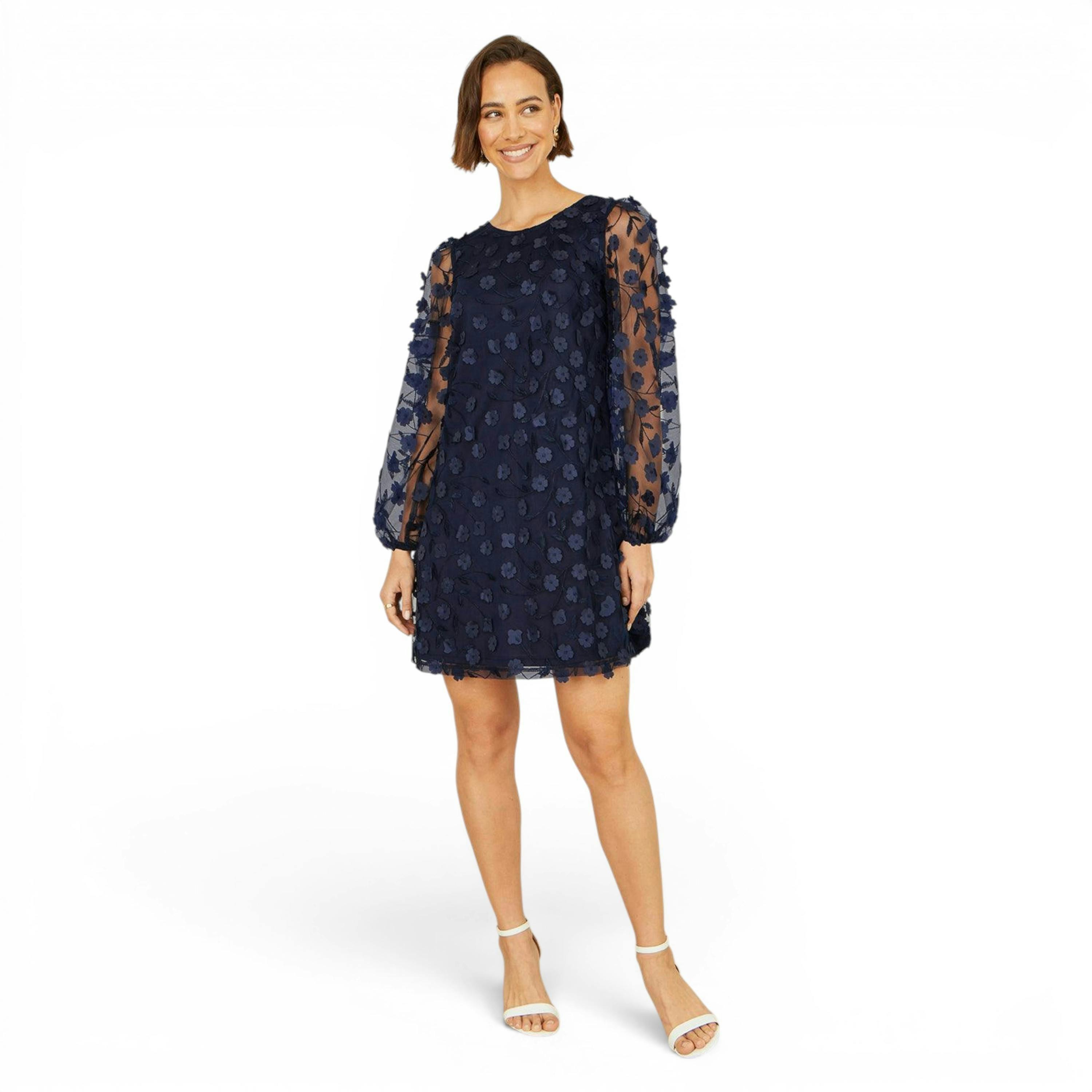 Yumi Navy Long Sleeve Floral Applique Tunic , view 2 of 6
