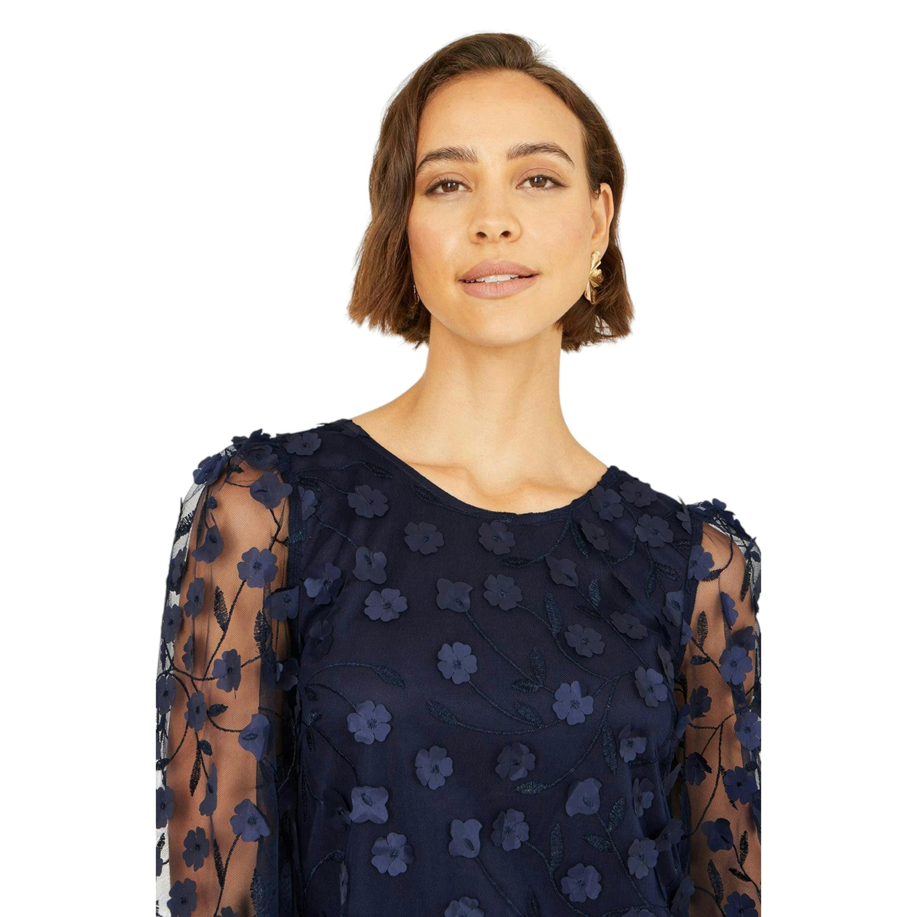 Yumi Navy Long Sleeve Floral Applique Tunic , view 3 of 6