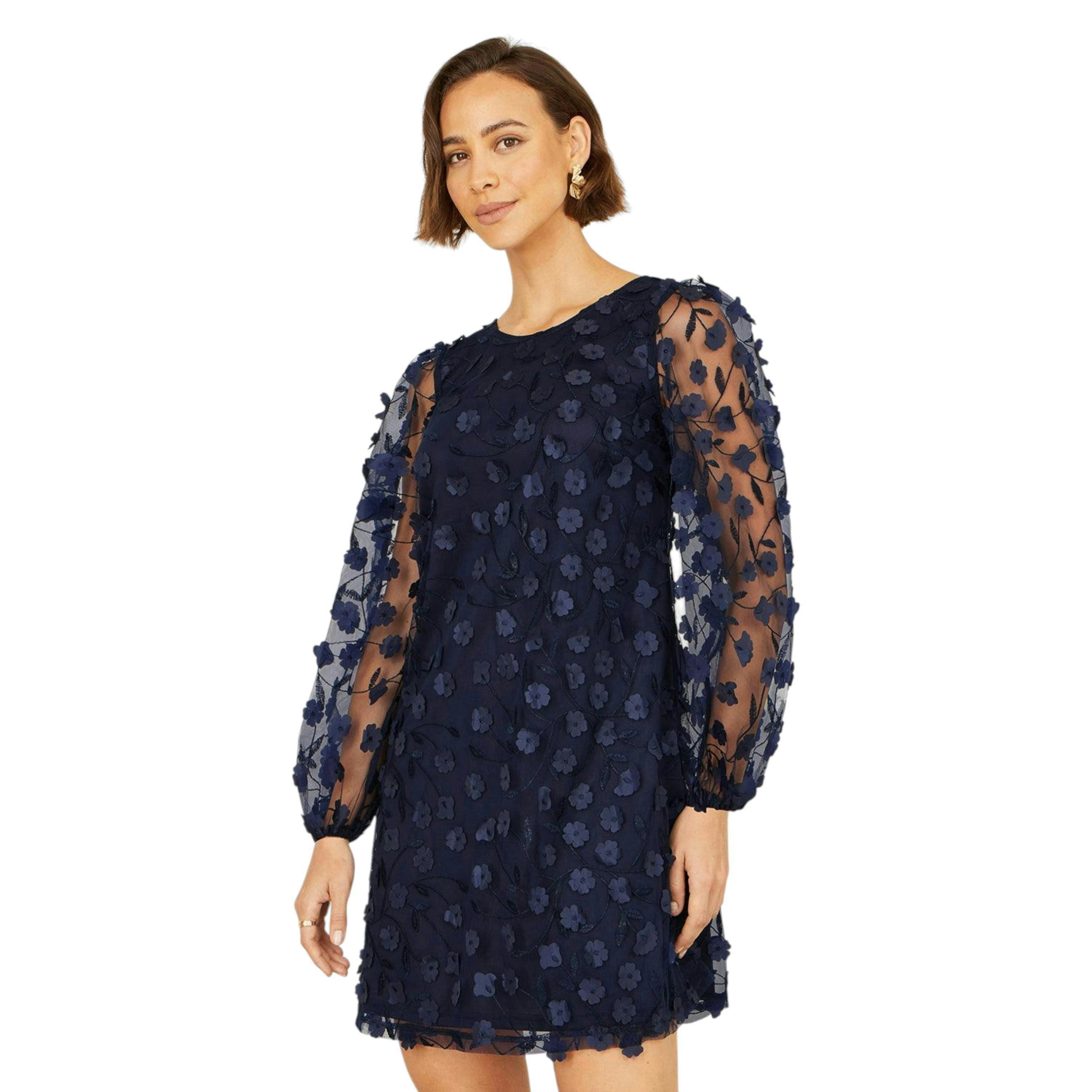 Yumi Navy Long Sleeve Floral Applique Tunic , view 4 of 6