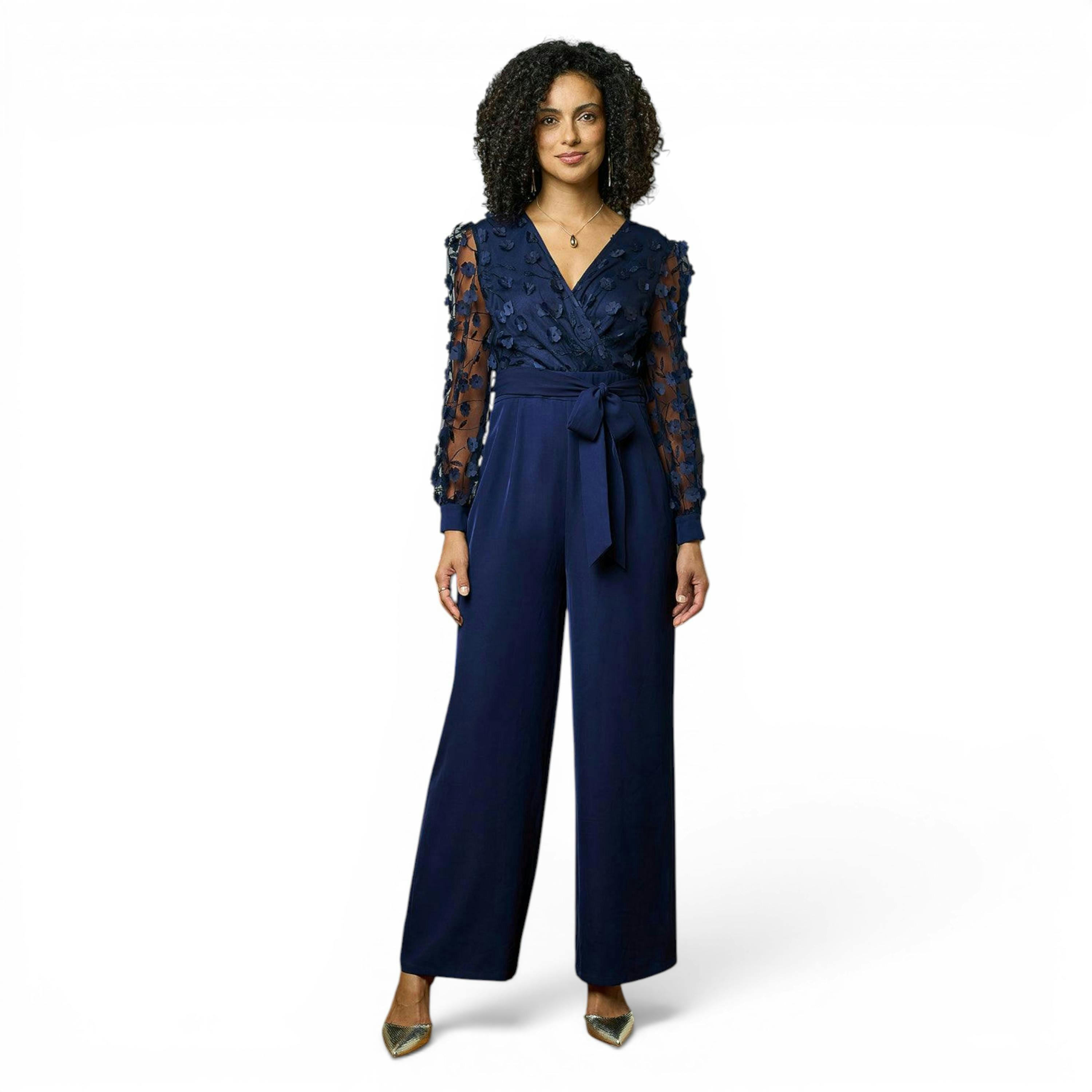Yumi Navy Flower Applique Jumpsuit , view 1 of 6