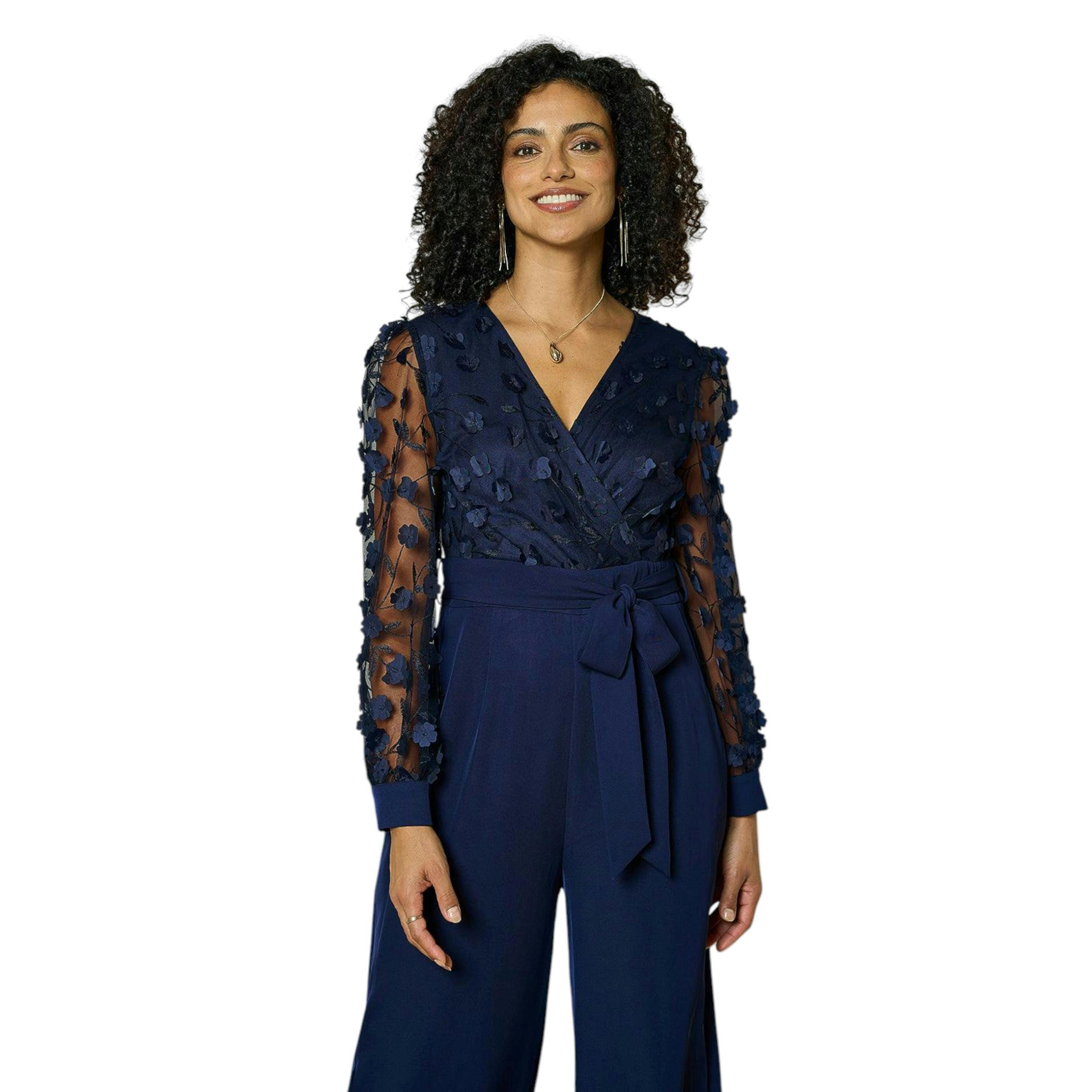 Yumi Navy Flower Applique Jumpsuit , view 2 of 6