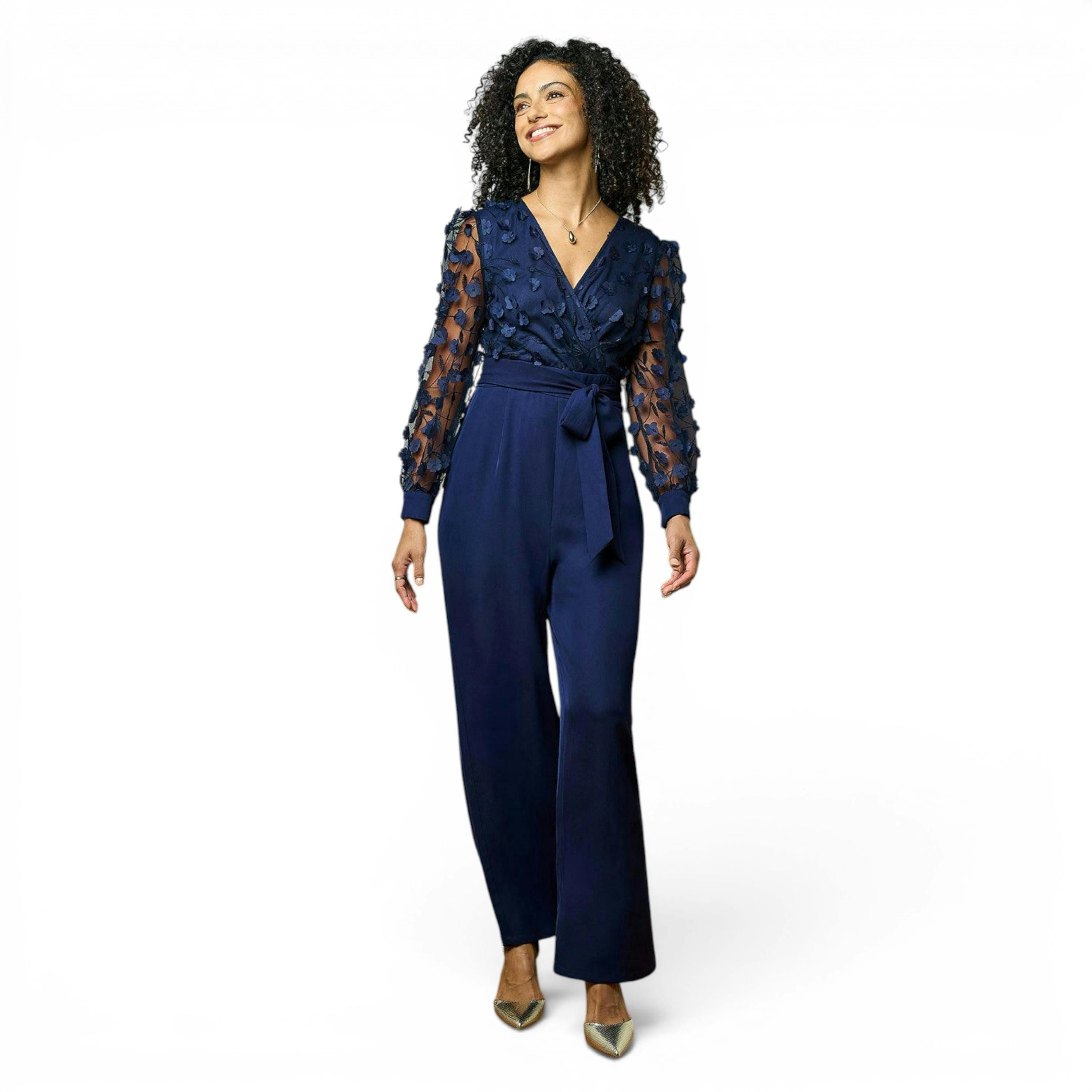 Yumi Navy Flower Applique Jumpsuit , view 3 of 6