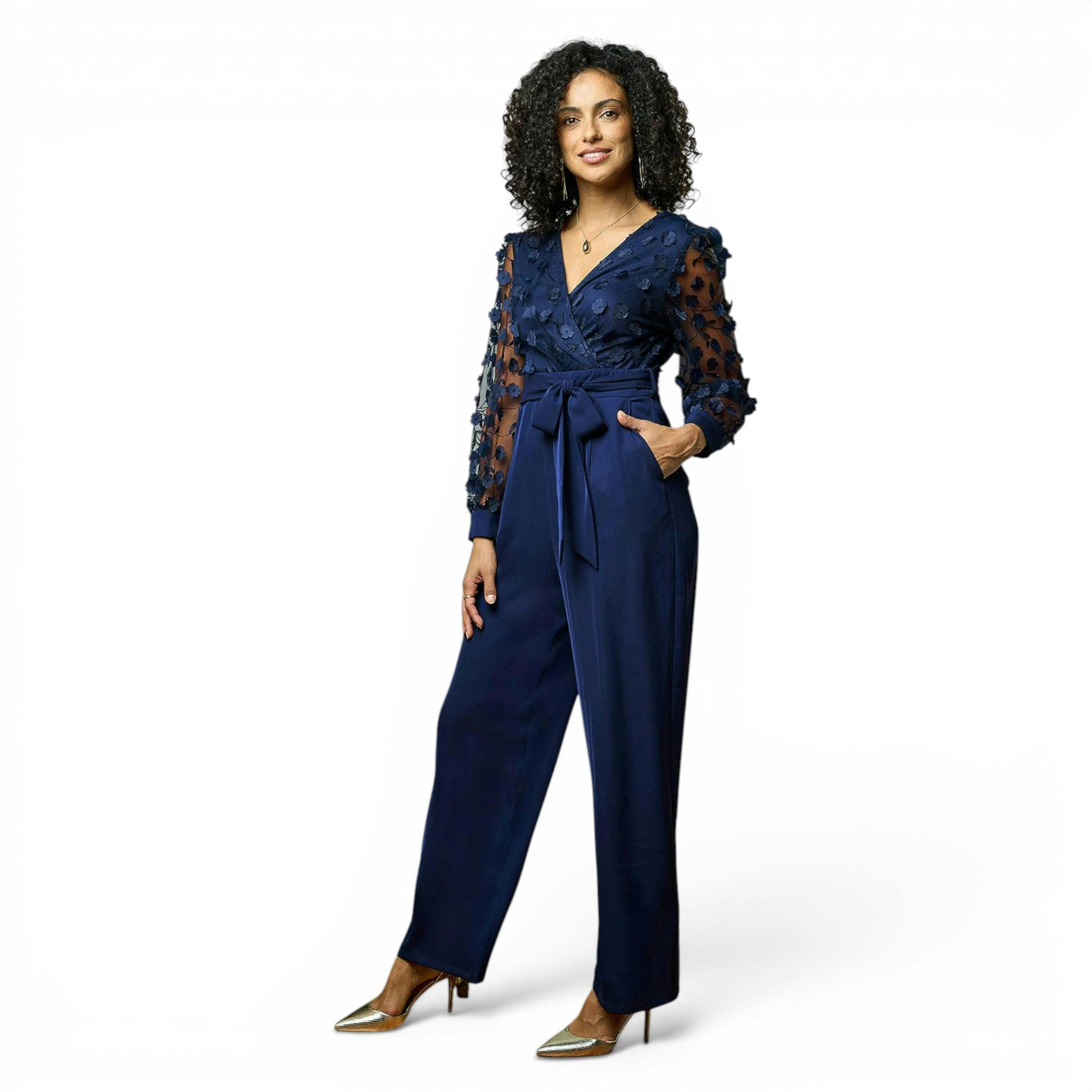 Yumi Navy Flower Applique Jumpsuit , view 5 of 6