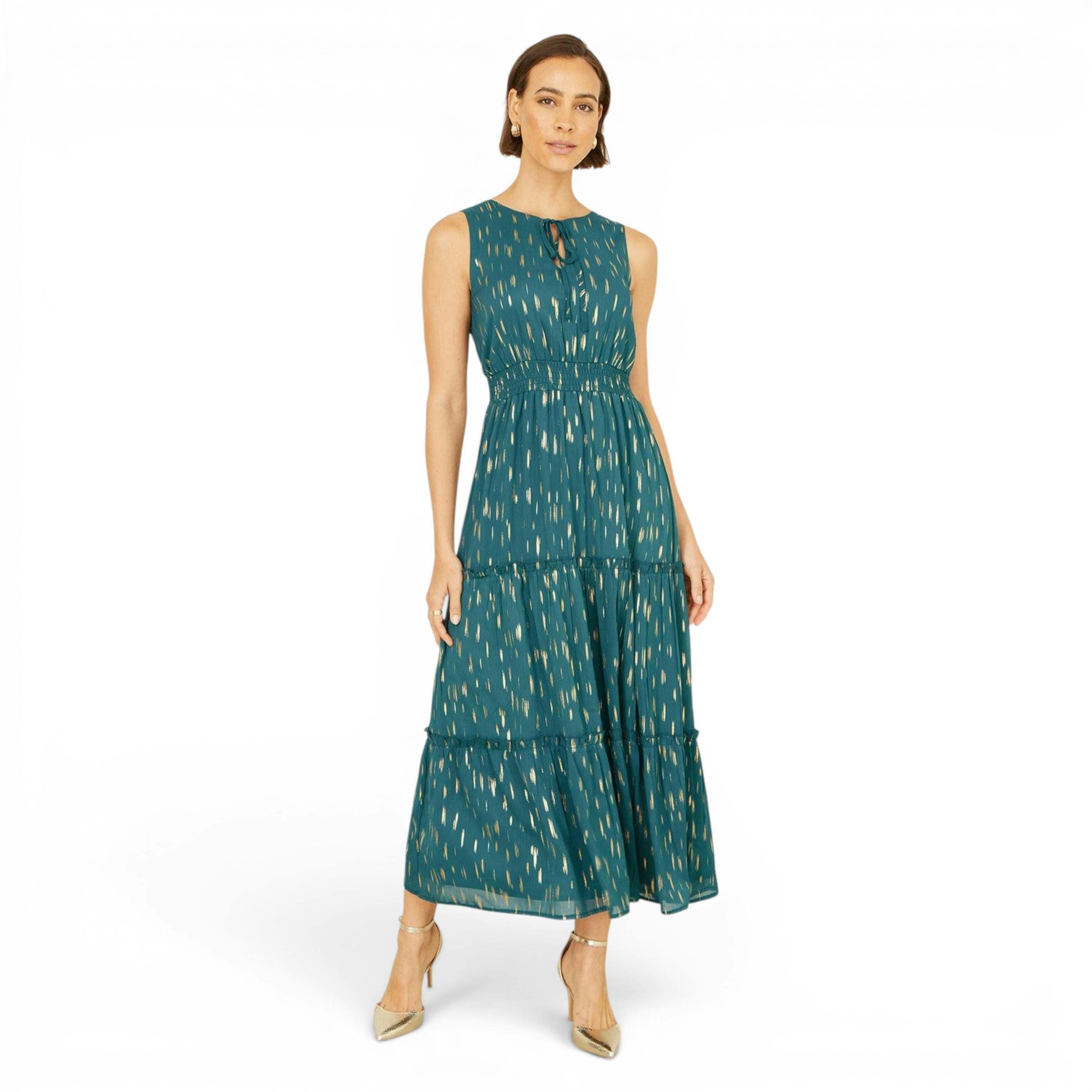 Yumi Teal Foil Print Ruched Waist Midi Dress With Tie Notch Neckline , view 1 of 6