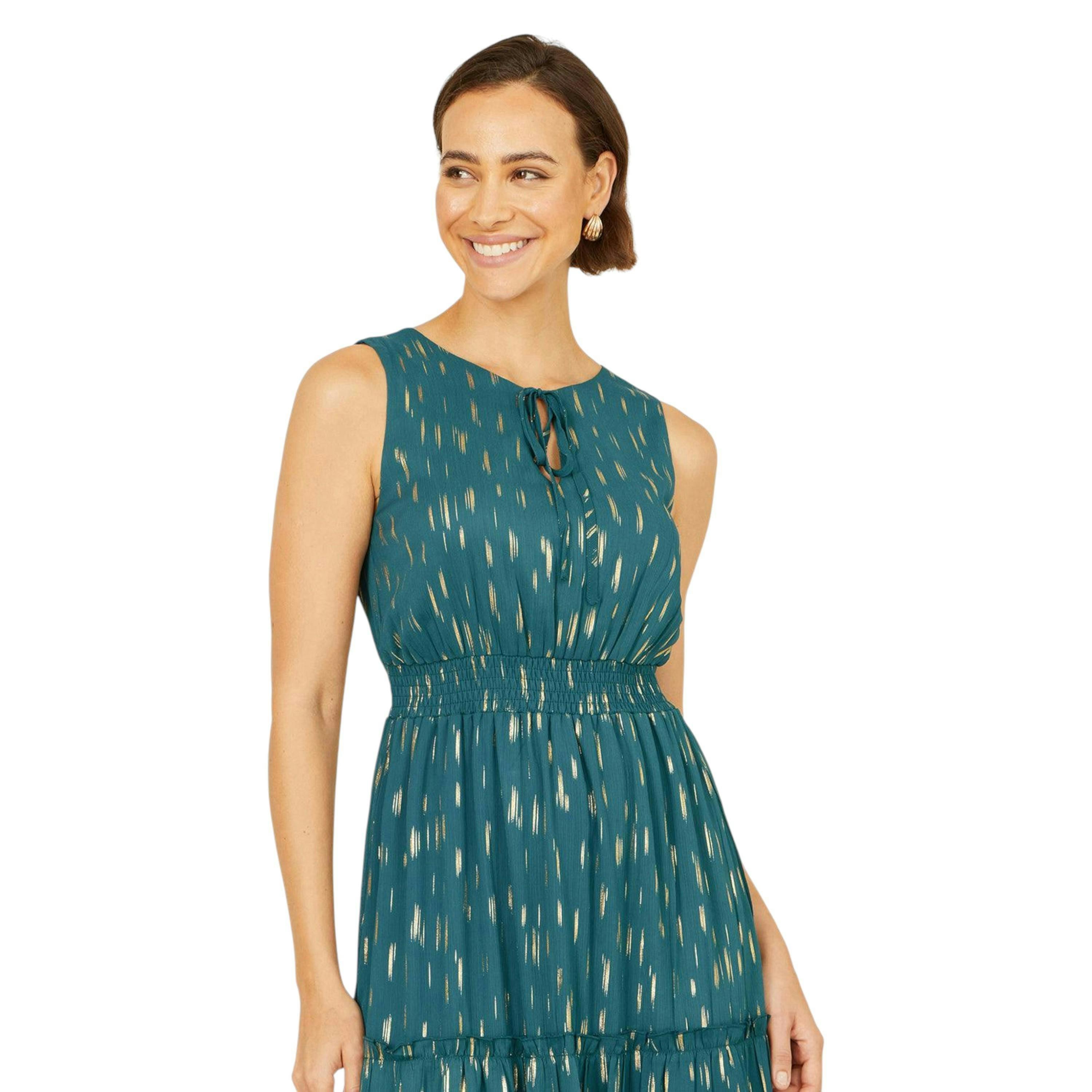 Yumi Teal Foil Print Ruched Waist Midi Dress With Tie Notch Neckline , view 3 of 6