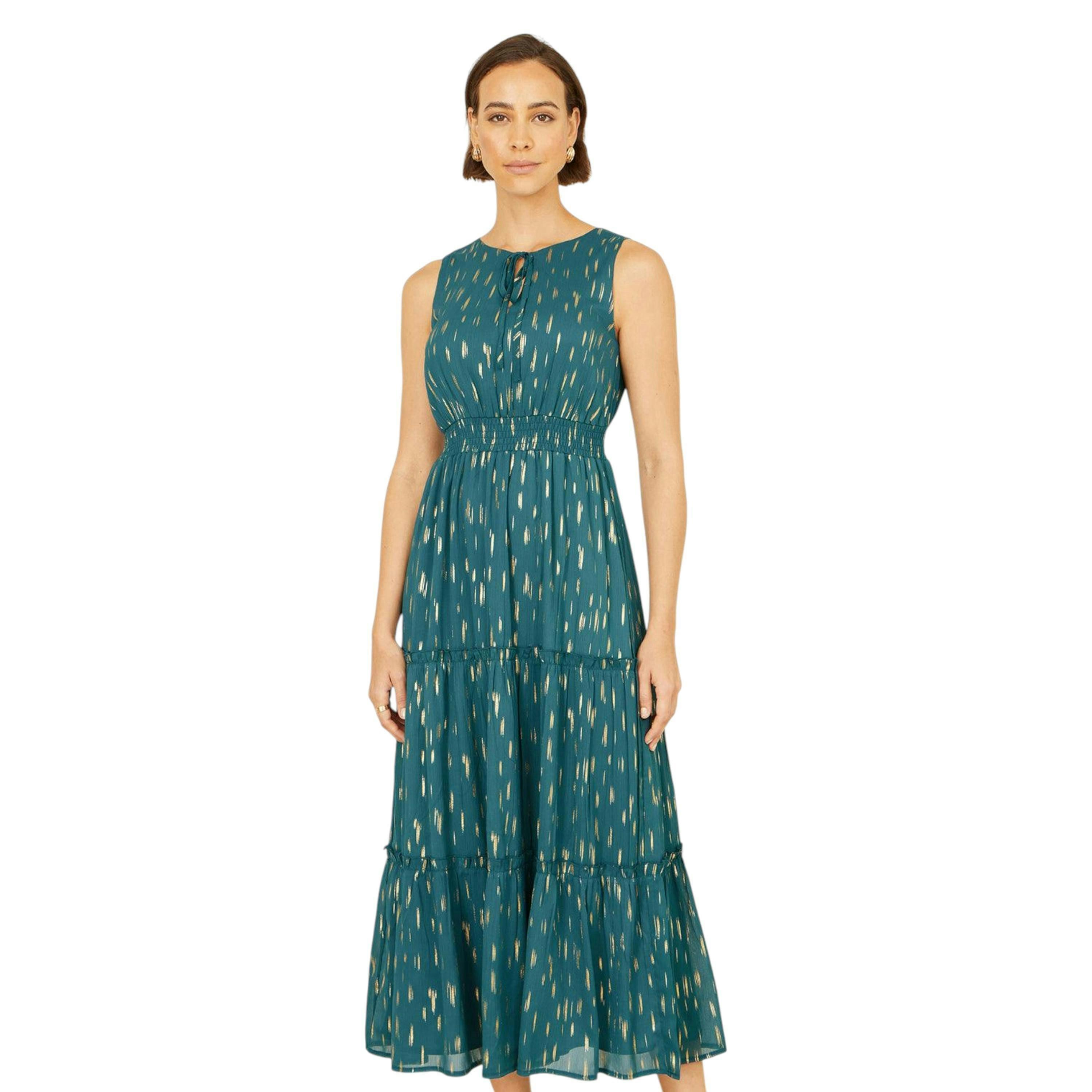 Yumi Teal Foil Print Ruched Waist Midi Dress With Tie Notch Neckline , view 4 of 6