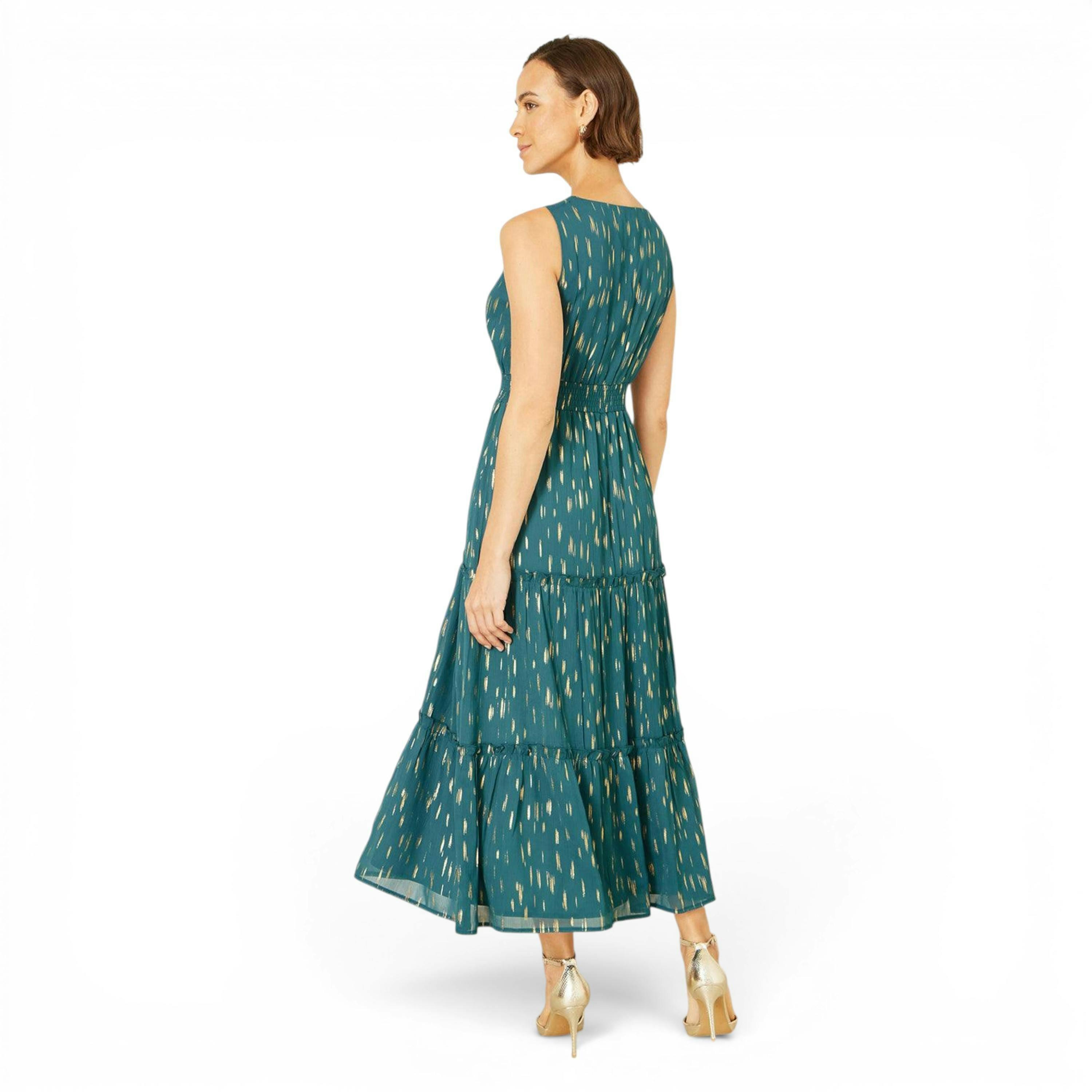 Yumi Teal Foil Print Ruched Waist Midi Dress With Tie Notch Neckline , view 5 of 6