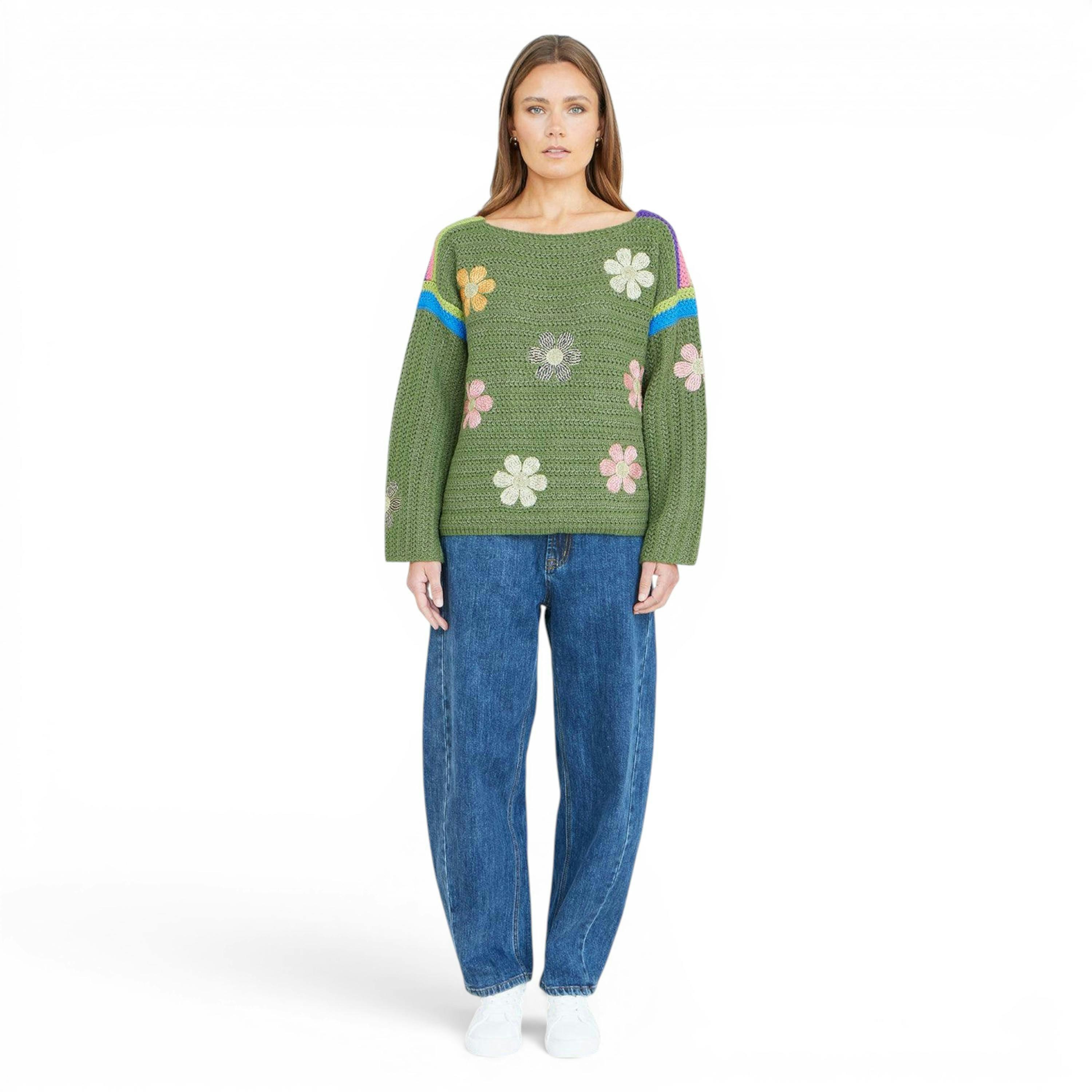 Yumi Green Crochet Flower Jumper , view 2 of 4