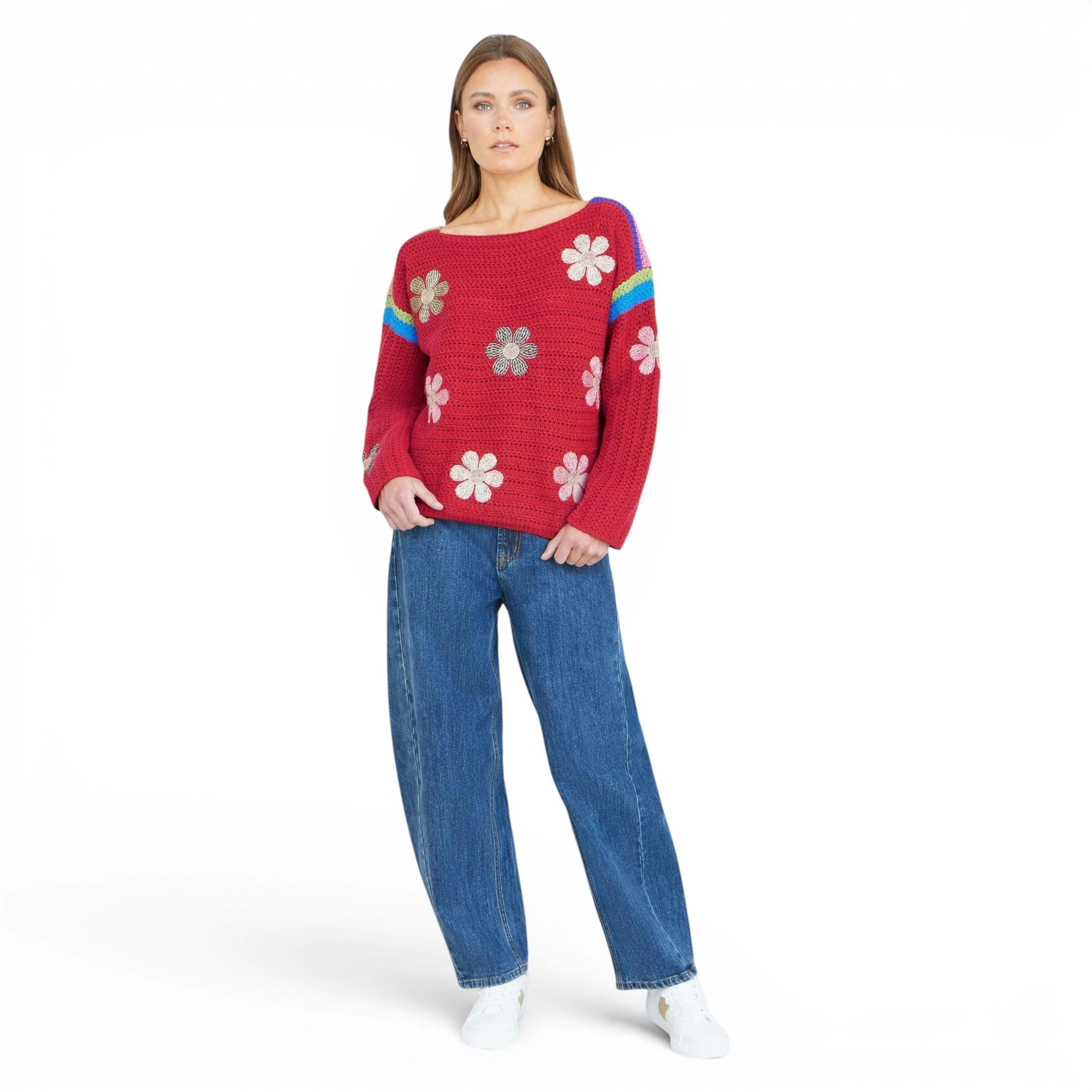 Yumi Red Crochet Flower Jumper , view 3 of 5