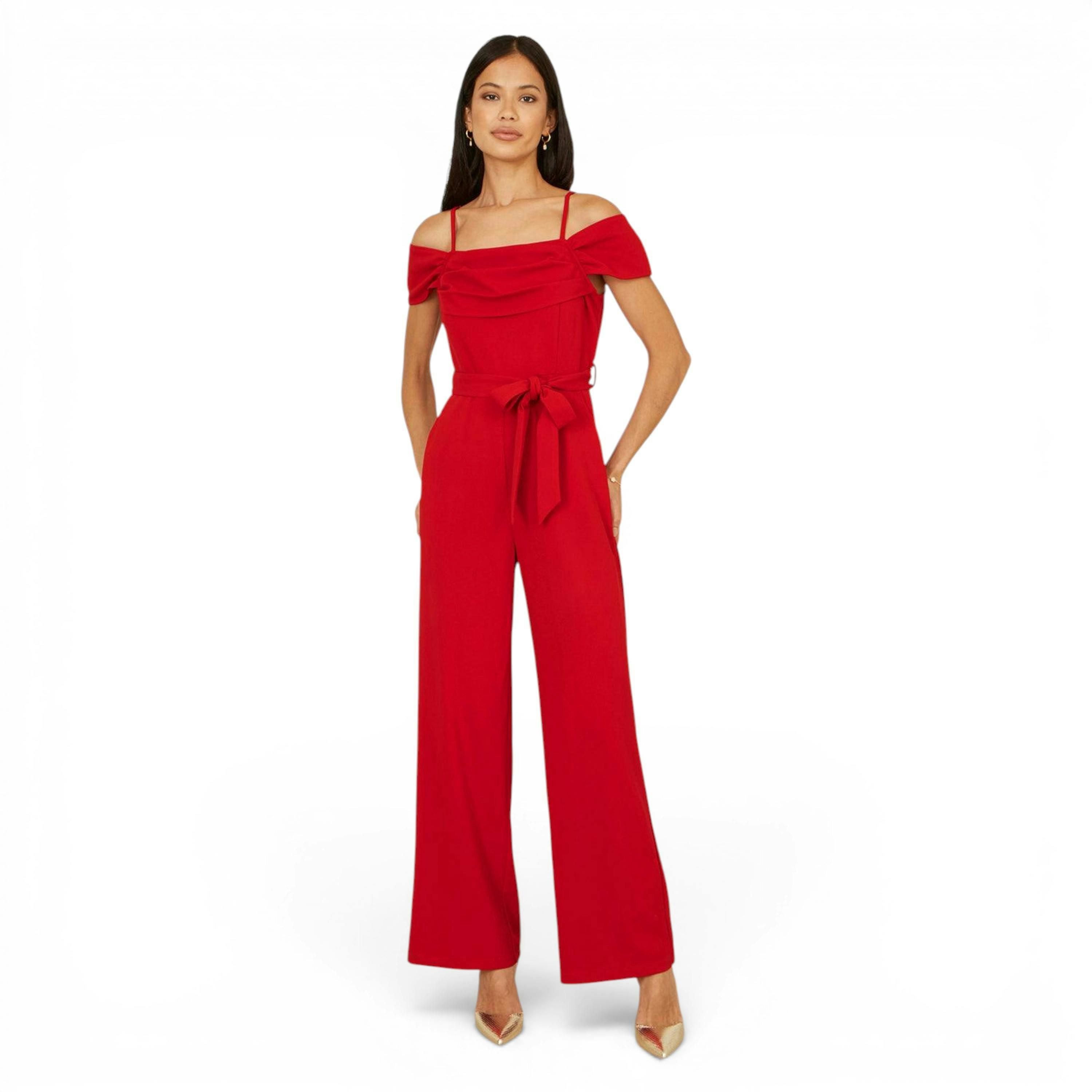 Yumi Red Stretch Bardot Jumpsuit , view 1 of 6