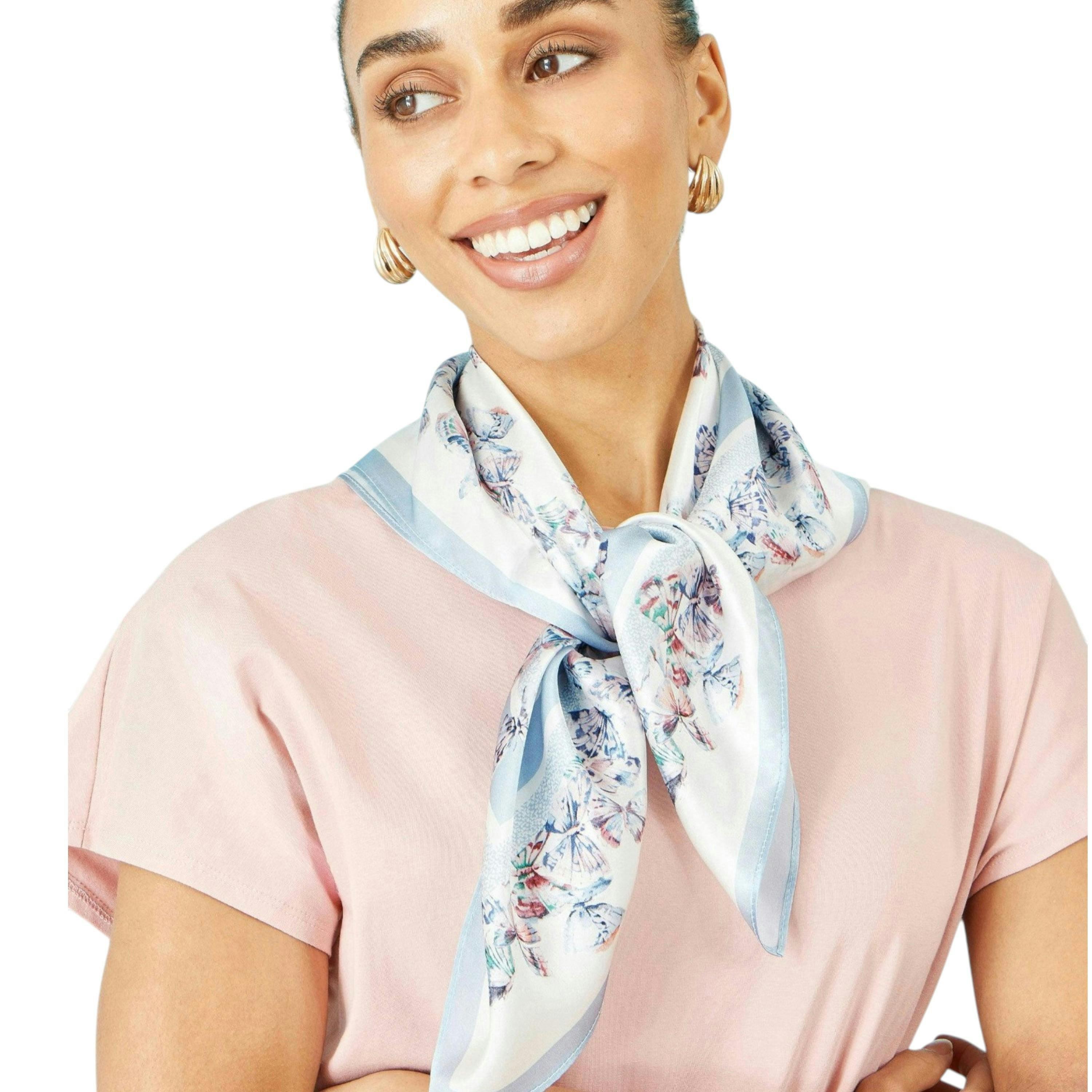 Yumi Blue 100% Silk Butterfly Placement Silk Scarf , view 1 of 3
