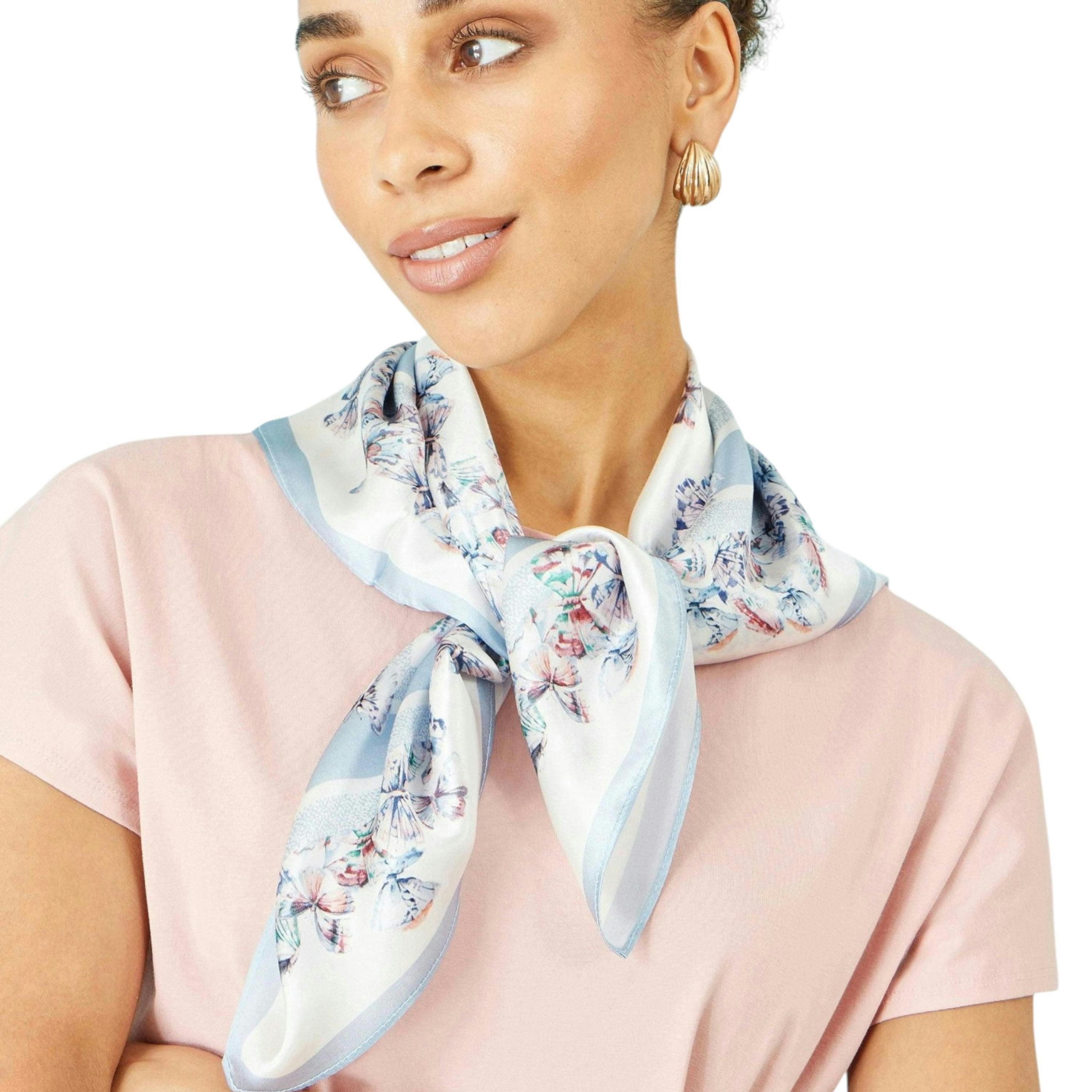 Yumi Blue 100% Silk Butterfly Placement Silk Scarf , view 2 of 3