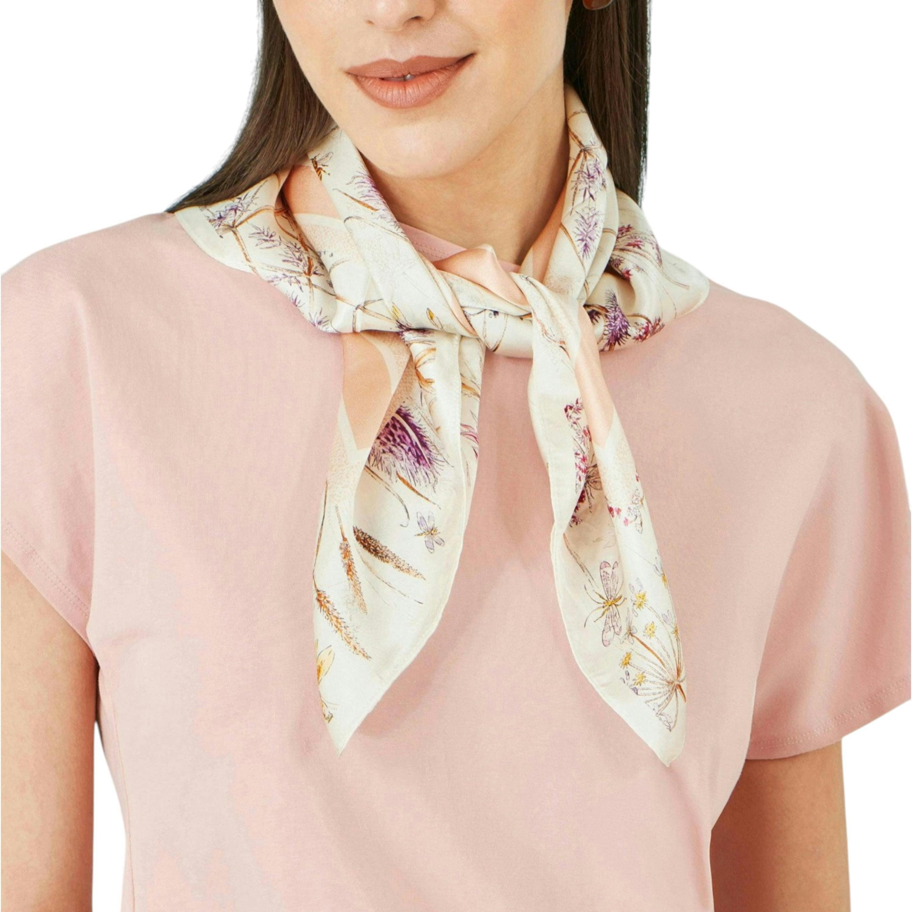 Yumi Ivory 100% Silk Delicate Floral Print Scarf , view 1 of 3