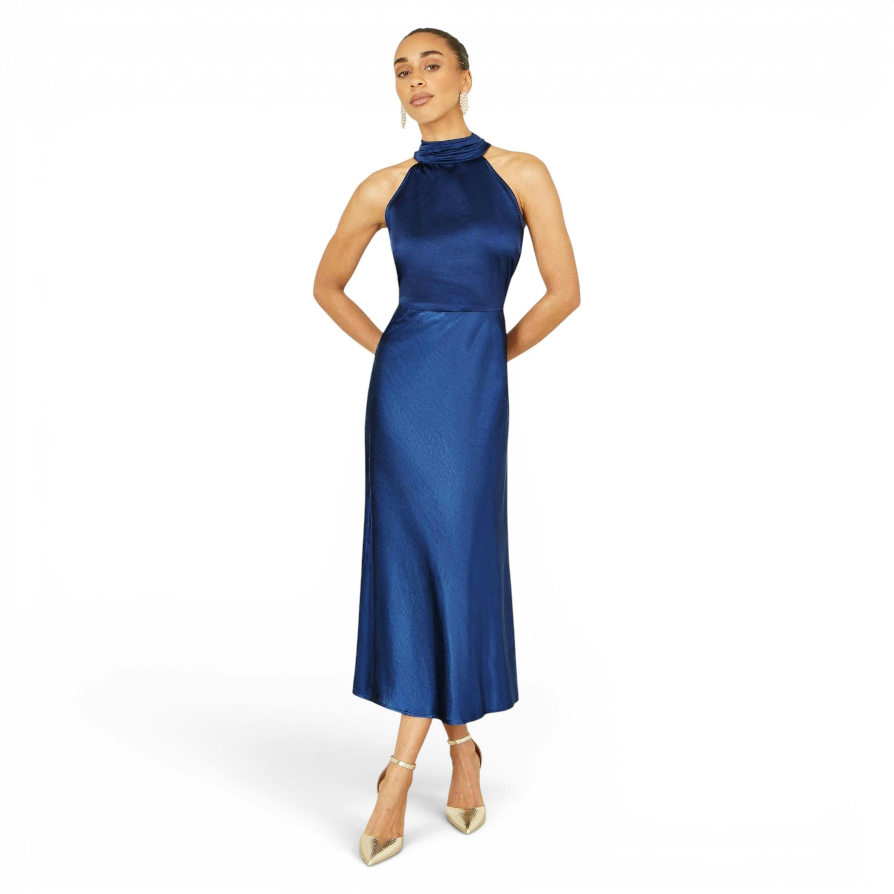 Yumi Navy Satin Halter Neck Midi Dress , view 1 of 6
