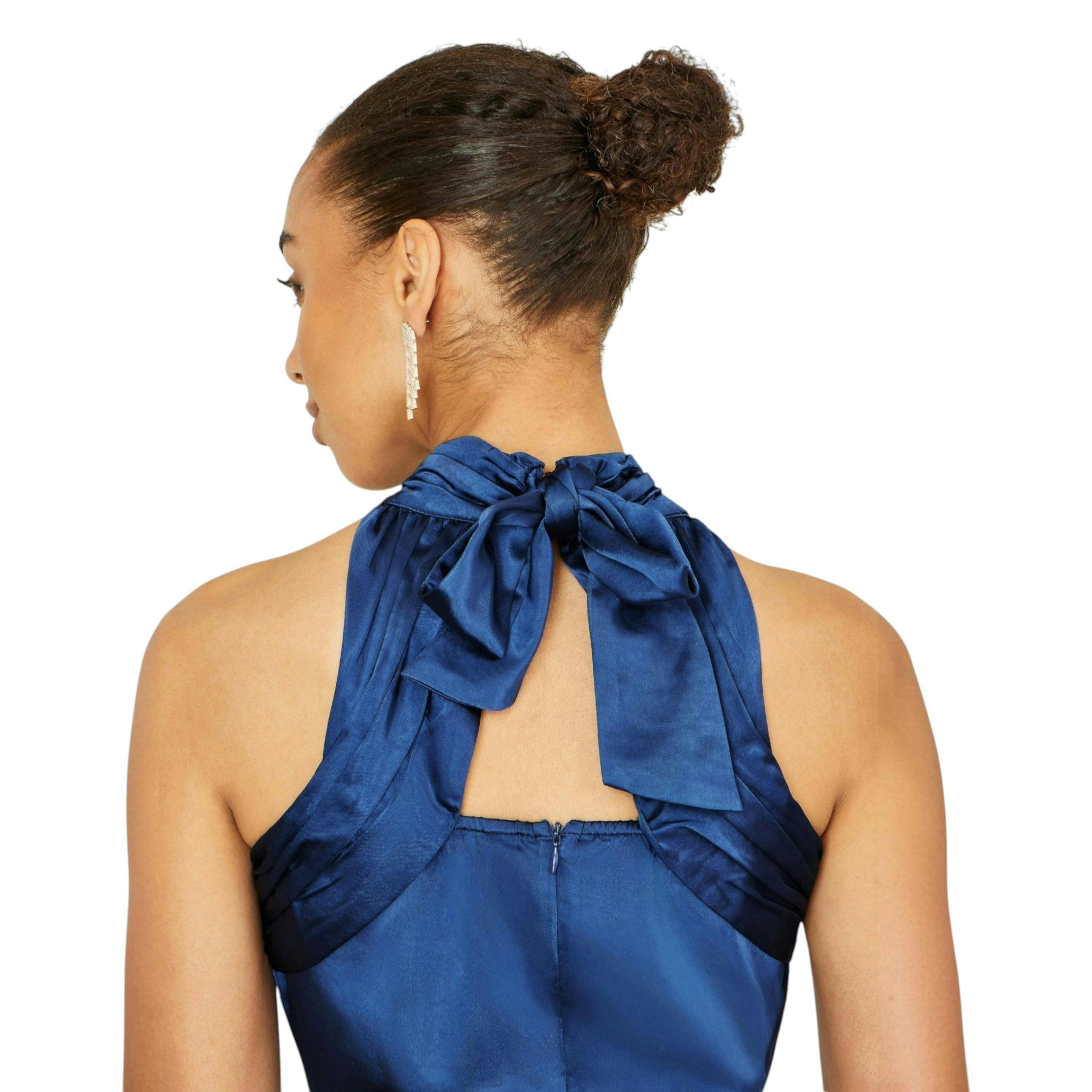 Yumi Navy Satin Halter Neck Midi Dress , view 2 of 6