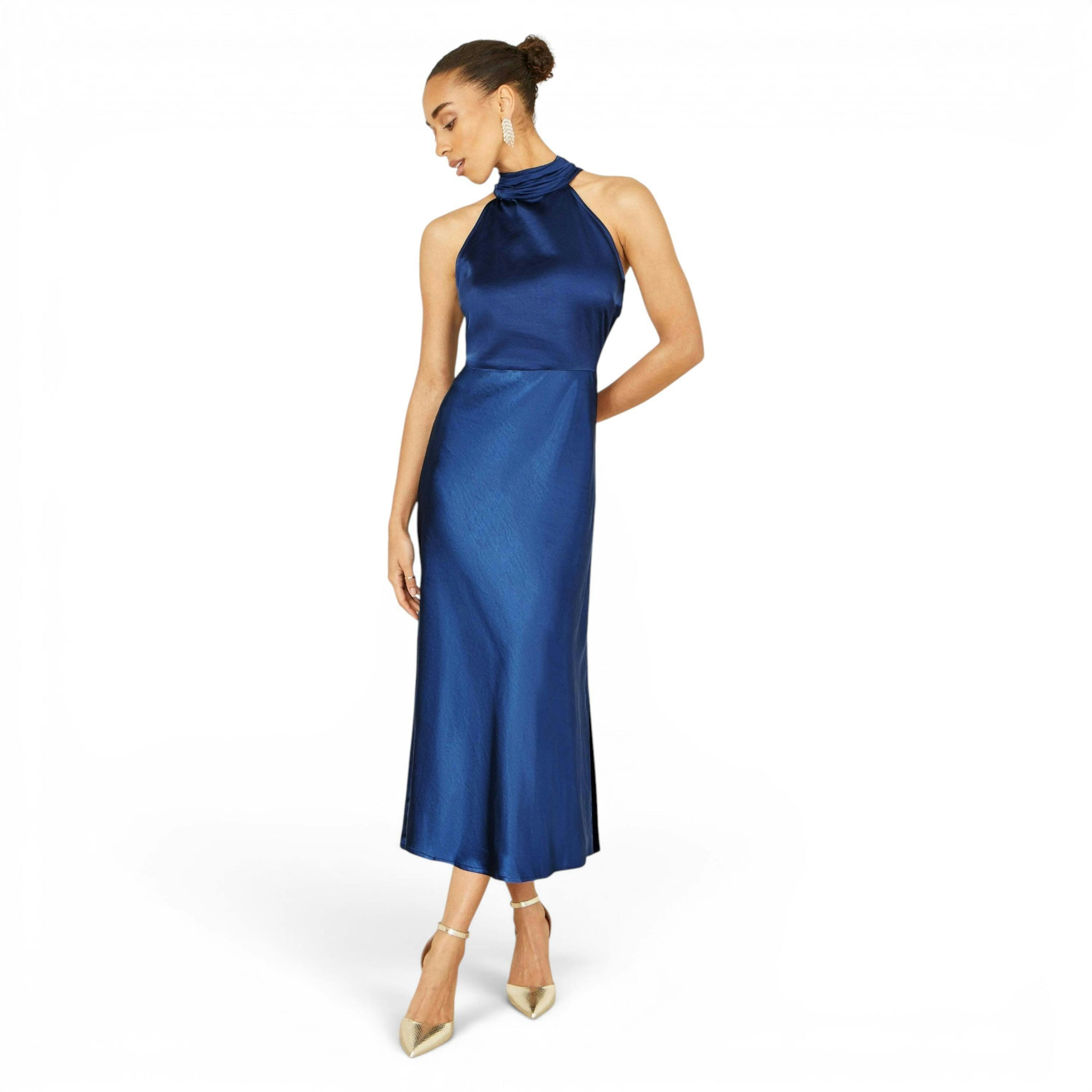 Yumi Navy Satin Halter Neck Midi Dress , view 3 of 6