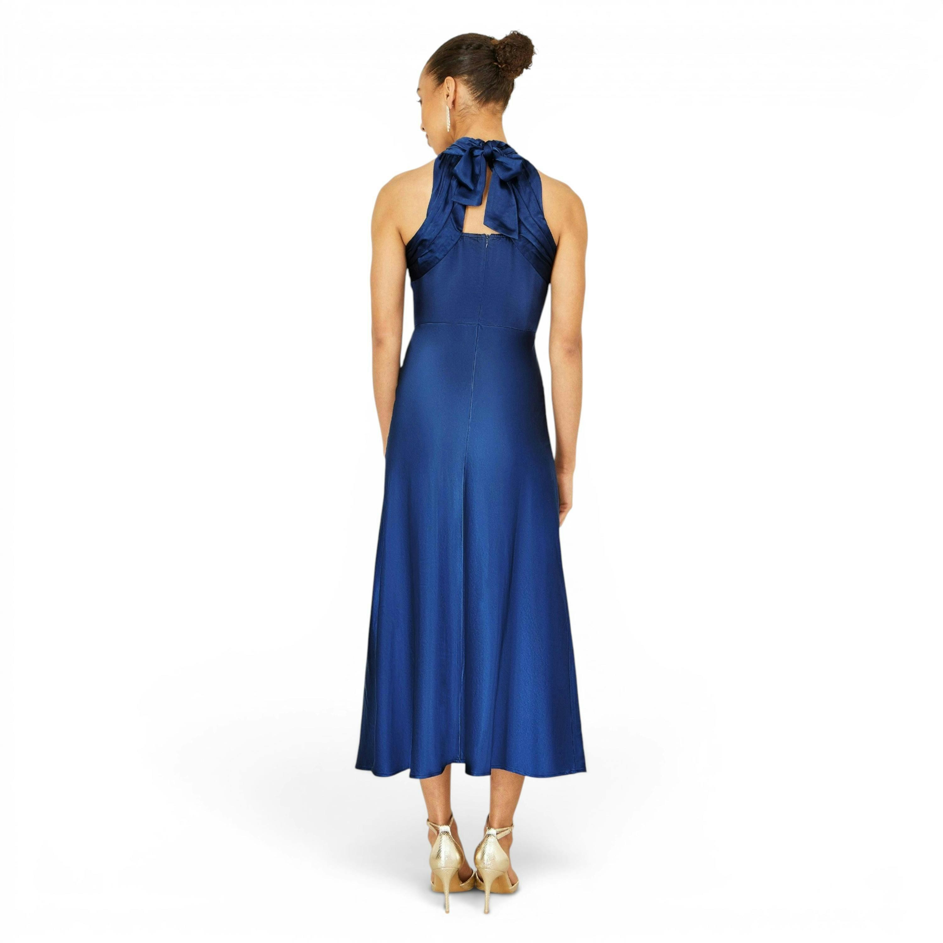 Yumi Navy Satin Halter Neck Midi Dress , view 5 of 6