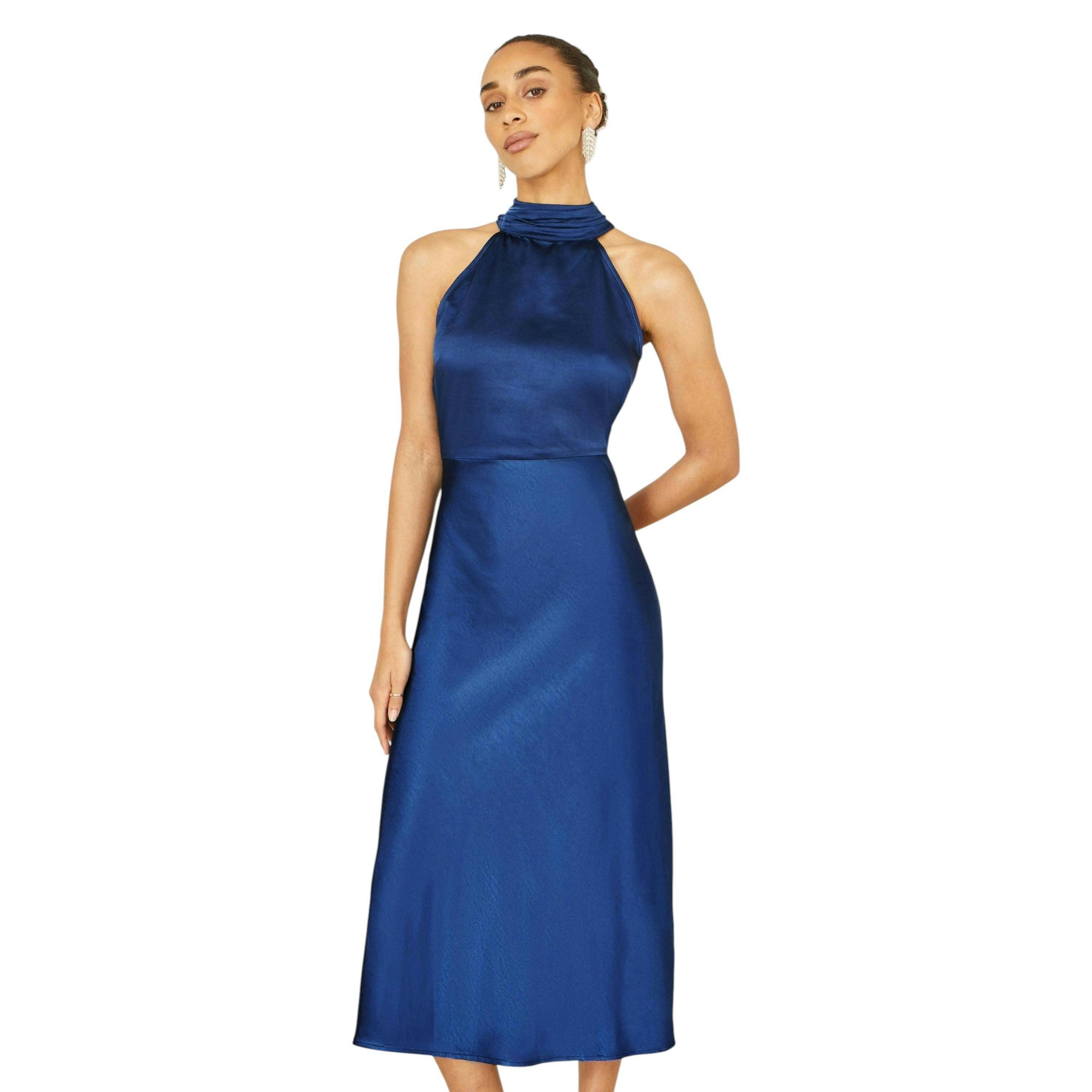 Yumi Navy Satin Halter Neck Midi Dress , view 6 of 6