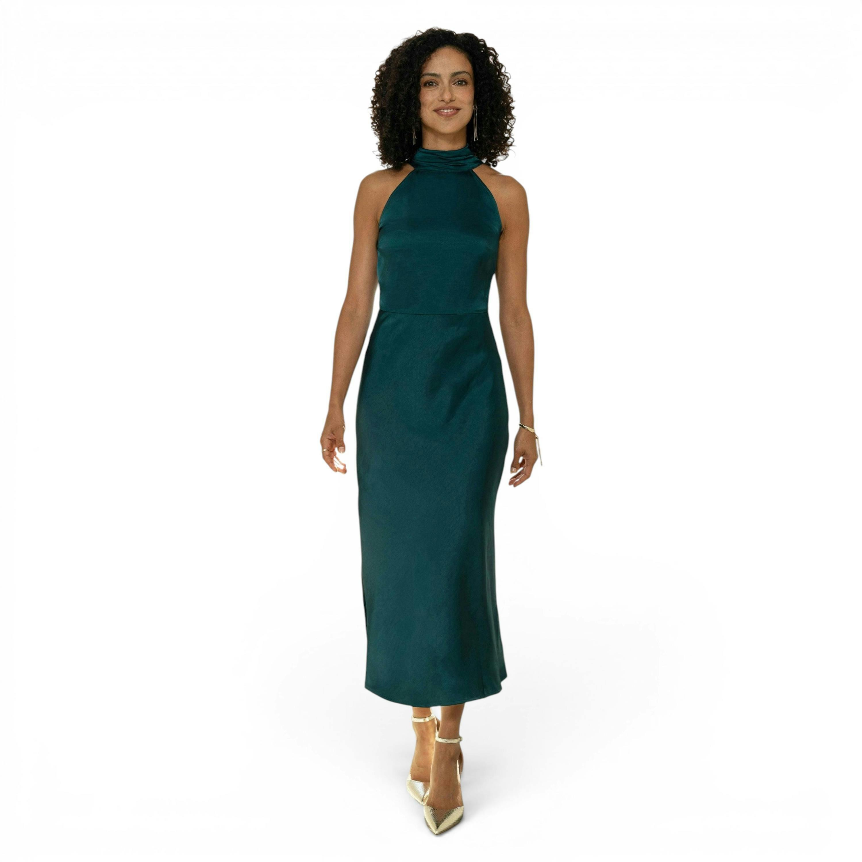 Yumi Green Satin Halter Neck Midi Dress , view 1 of 6