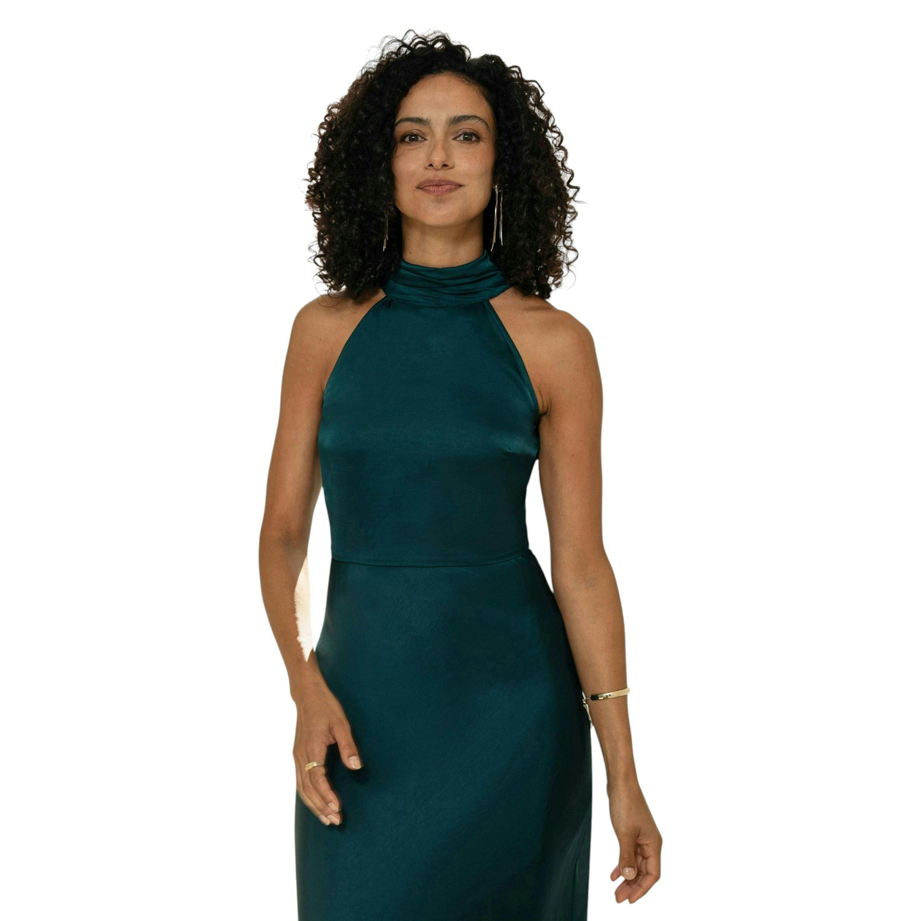 Yumi Green Satin Halter Neck Midi Dress , view 2 of 6