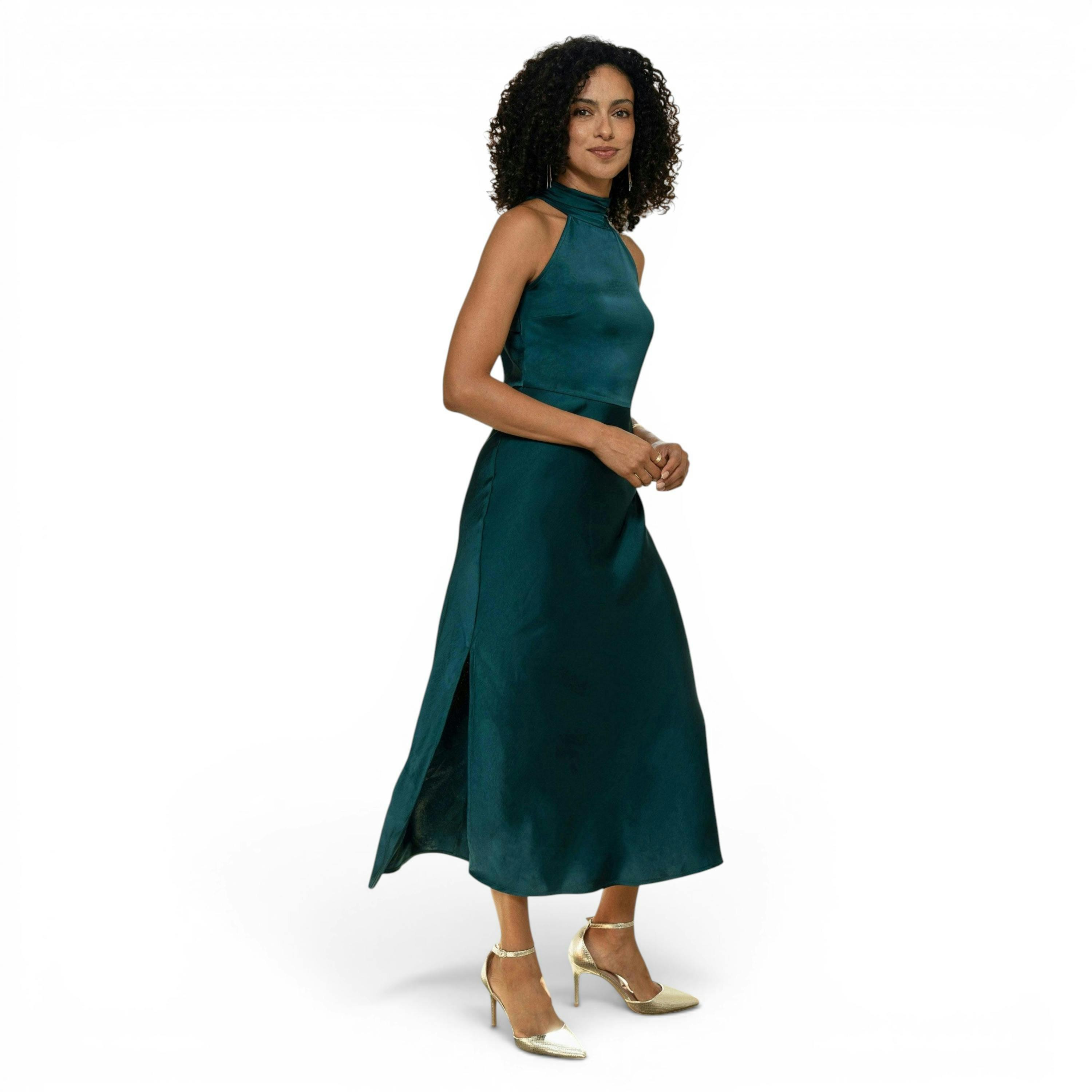 Yumi Green Satin Halter Neck Midi Dress , view 4 of 6
