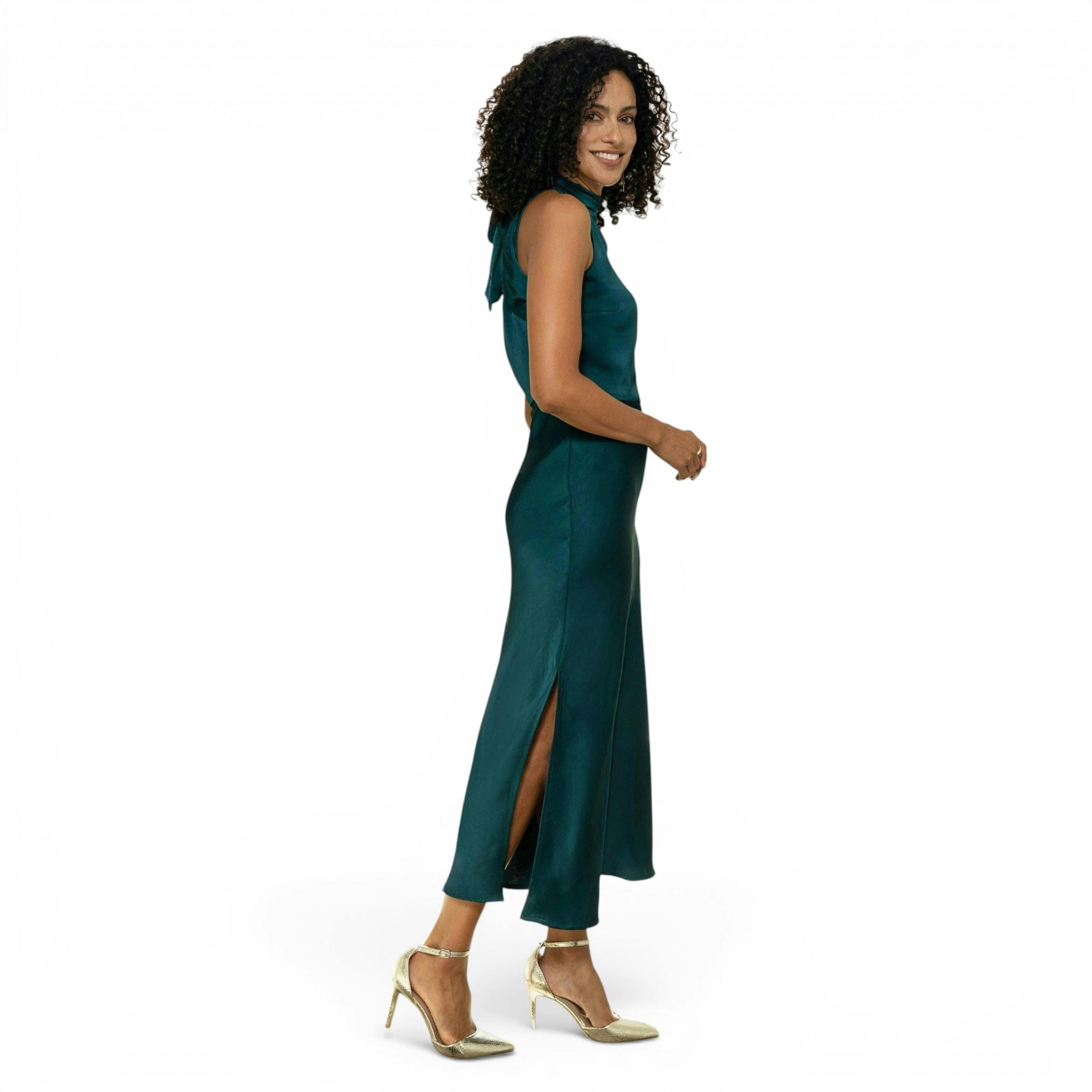 Yumi Green Satin Halter Neck Midi Dress , view 5 of 6