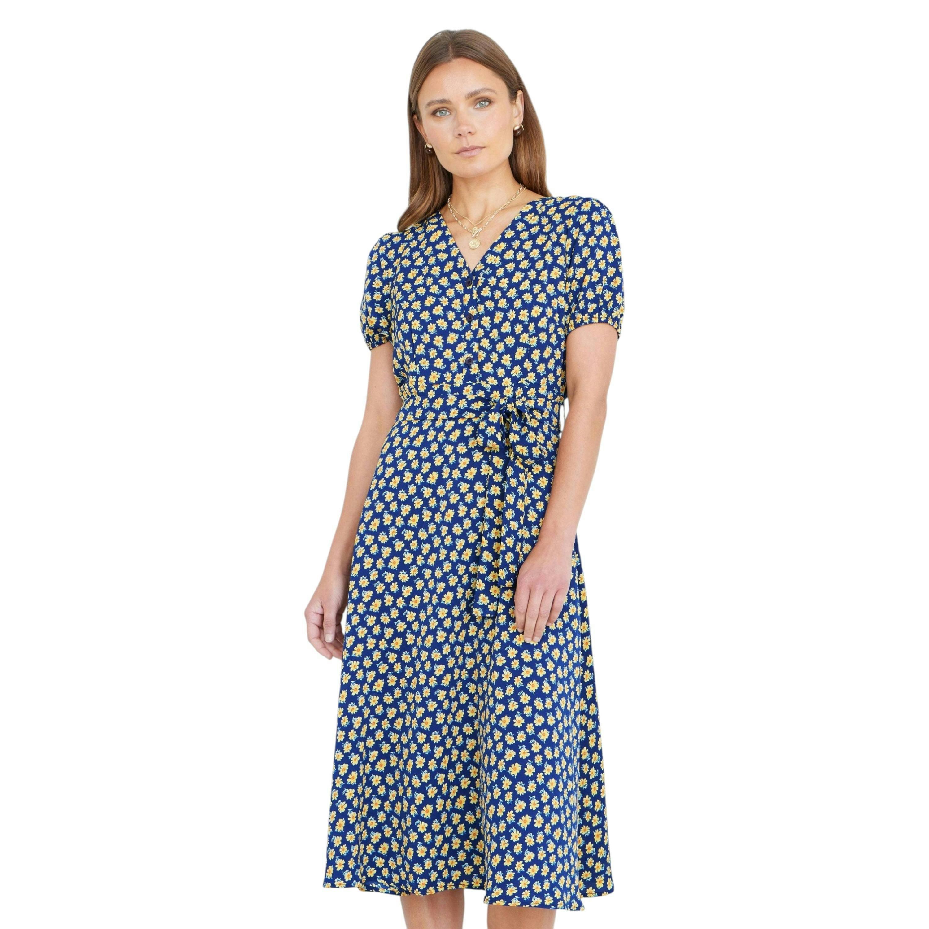 Yumi Navy Floral Midi Shirt Dress , view 1 of 6