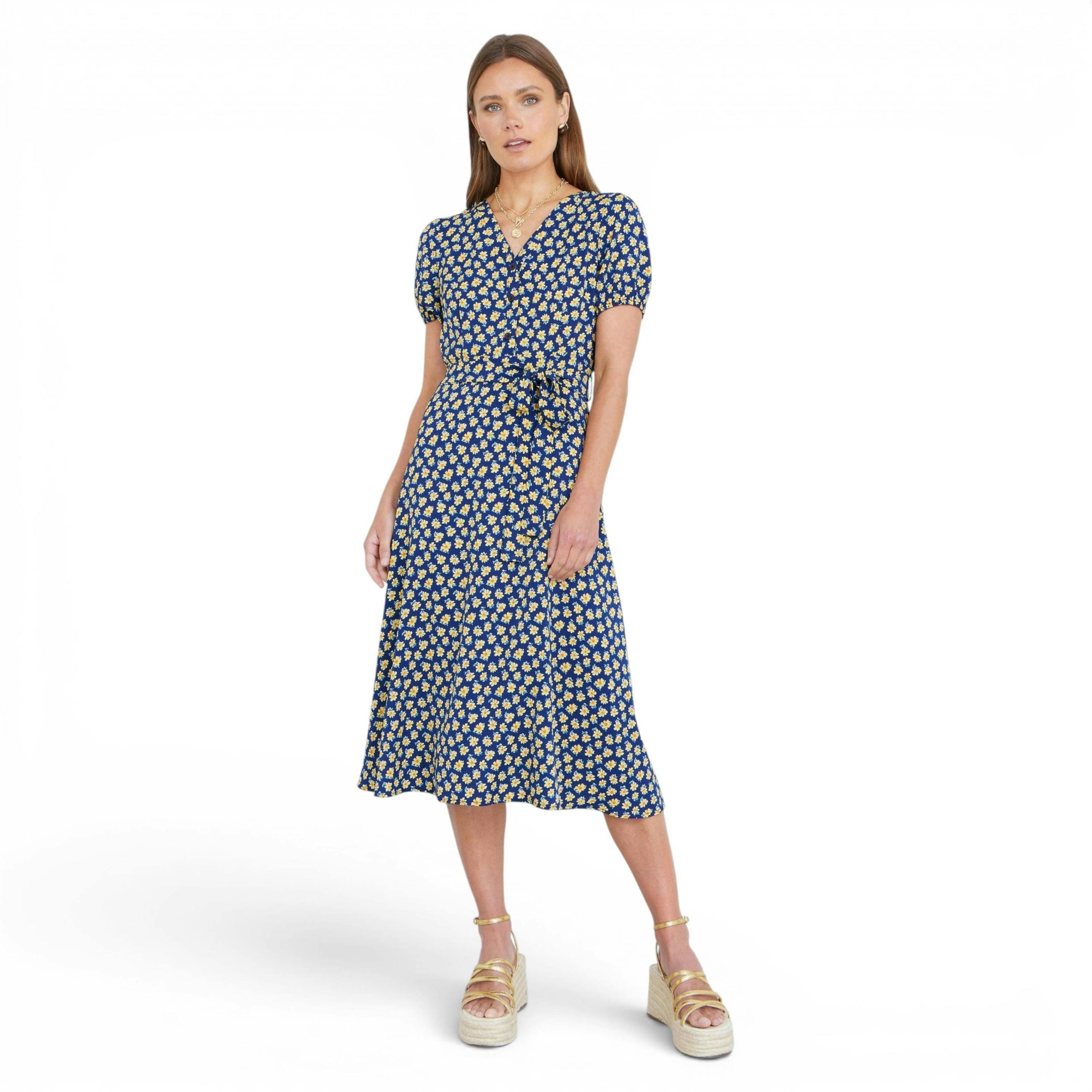 Yumi Navy Floral Midi Shirt Dress , view 2 of 6