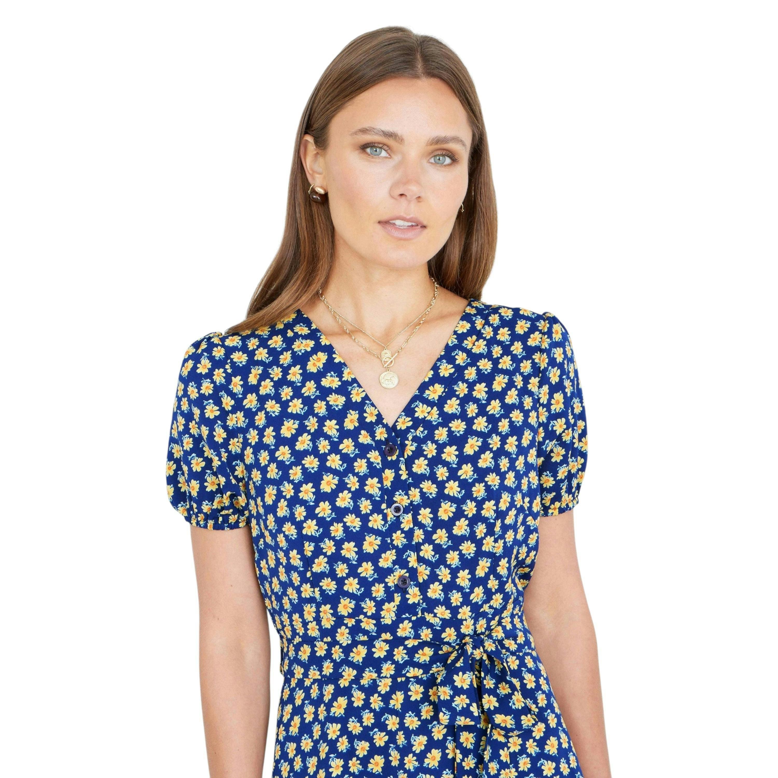 Yumi Navy Floral Midi Shirt Dress , view 3 of 6