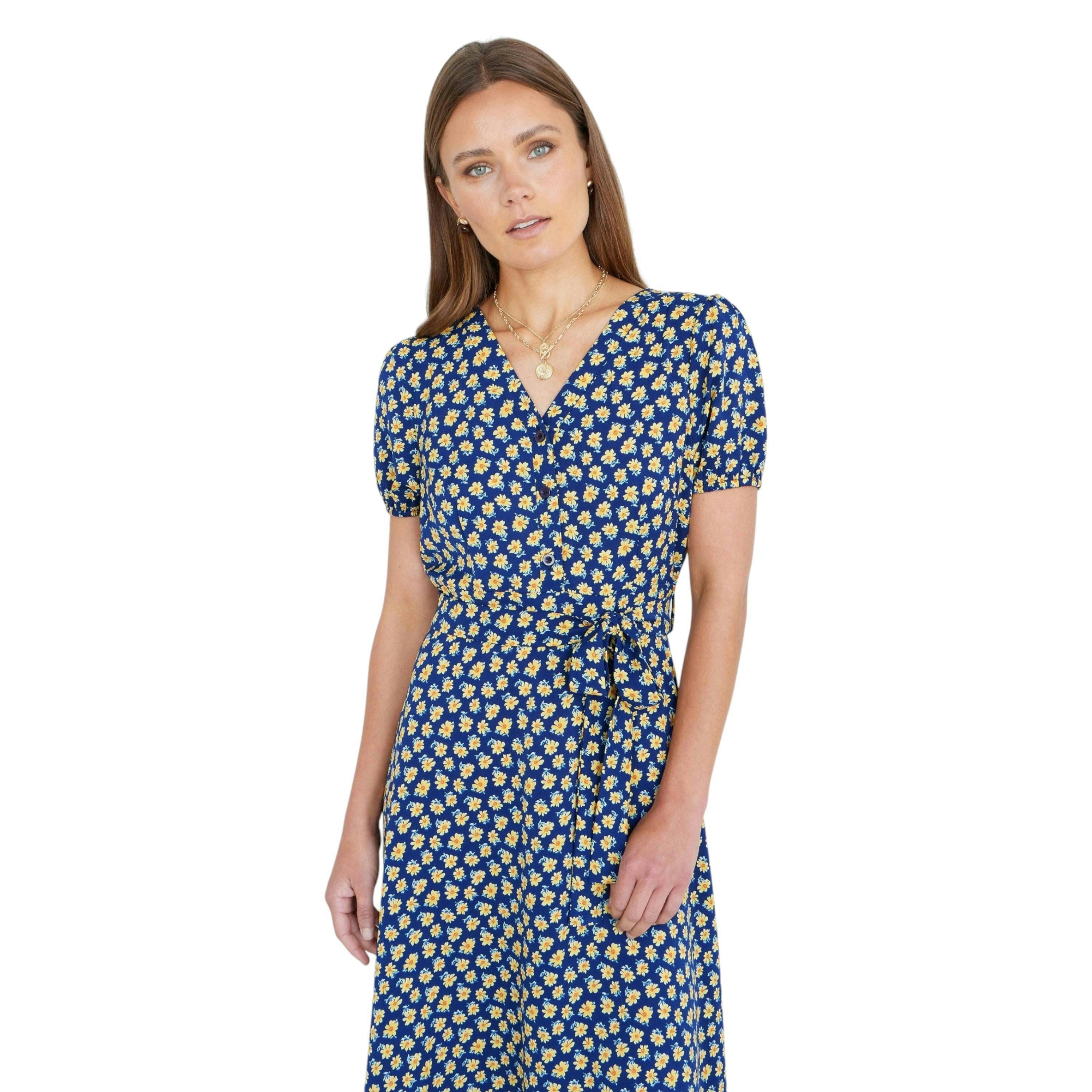 Yumi Navy Floral Midi Shirt Dress , view 5 of 6