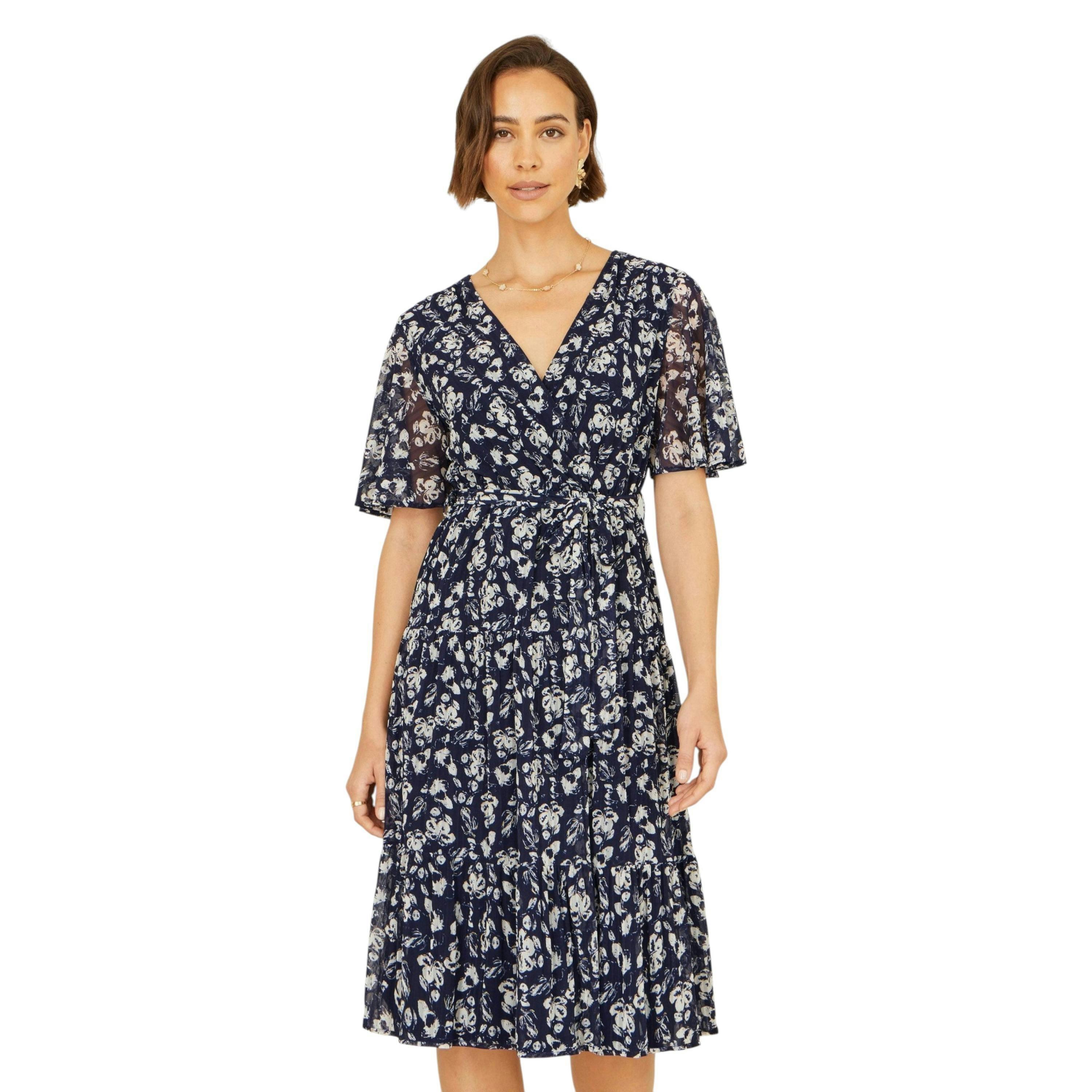 Yumi Navy Floral Mesh Wrap Dress , view 1 of 6
