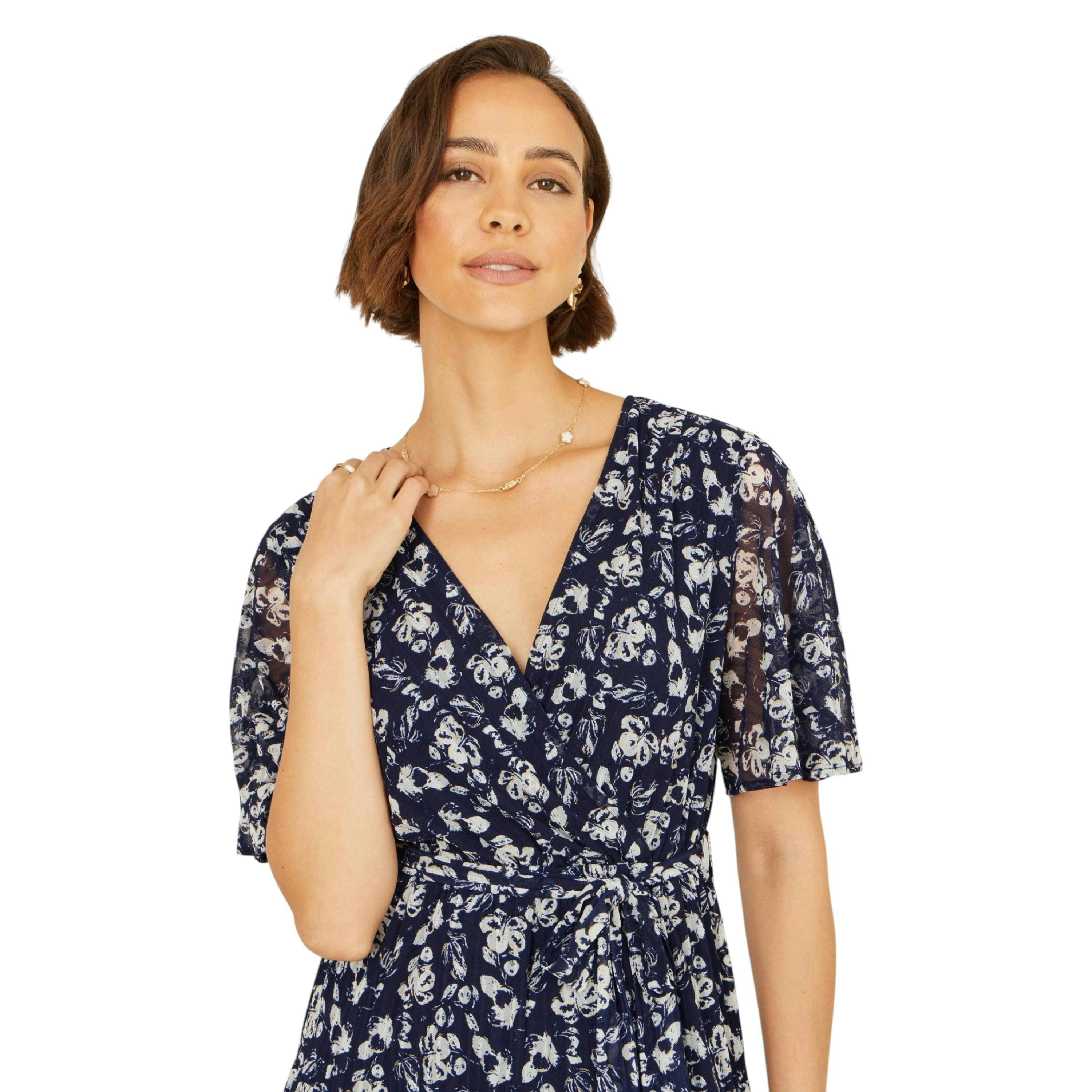 Yumi Navy Floral Mesh Wrap Dress , view 2 of 6