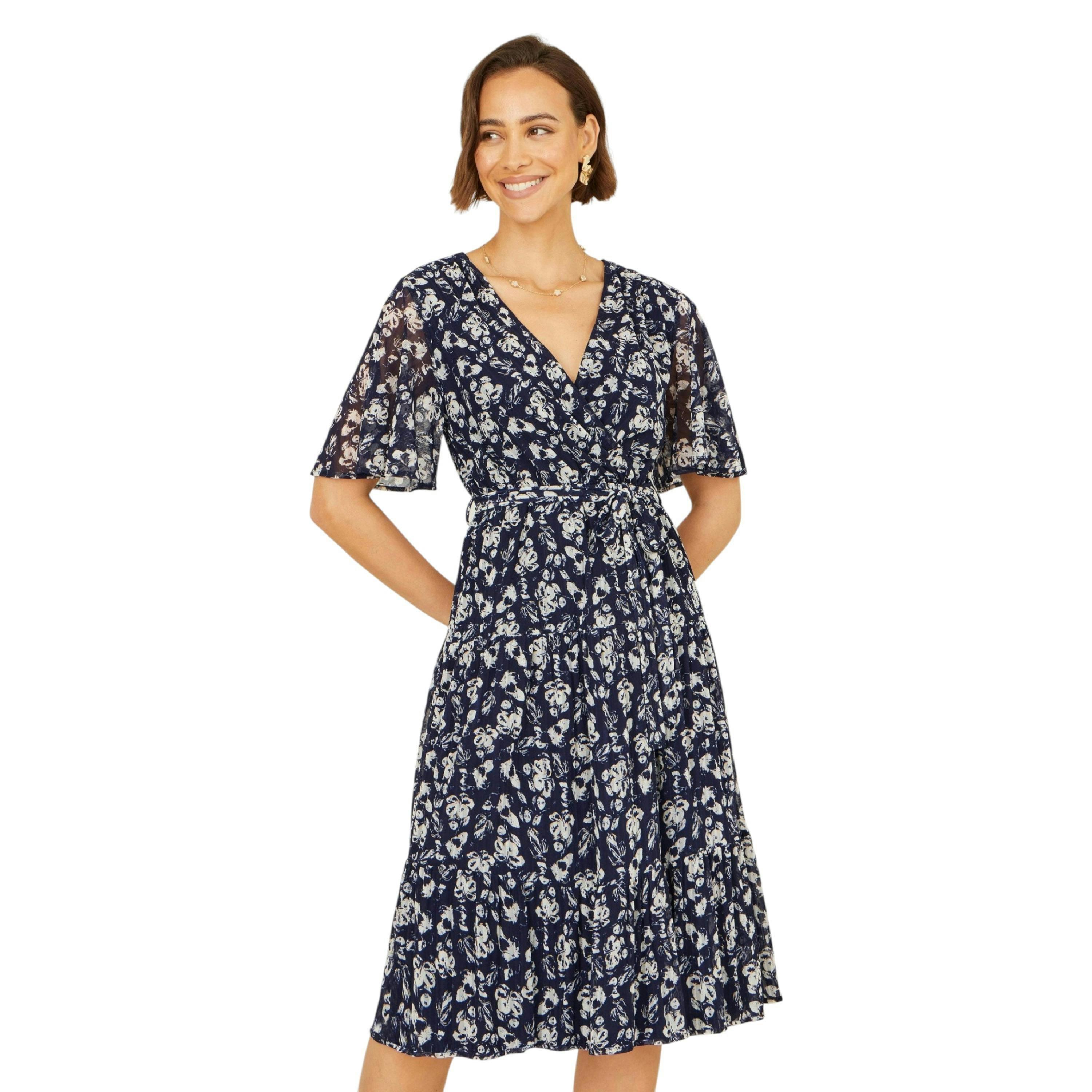 Yumi Navy Floral Mesh Wrap Dress , view 3 of 6