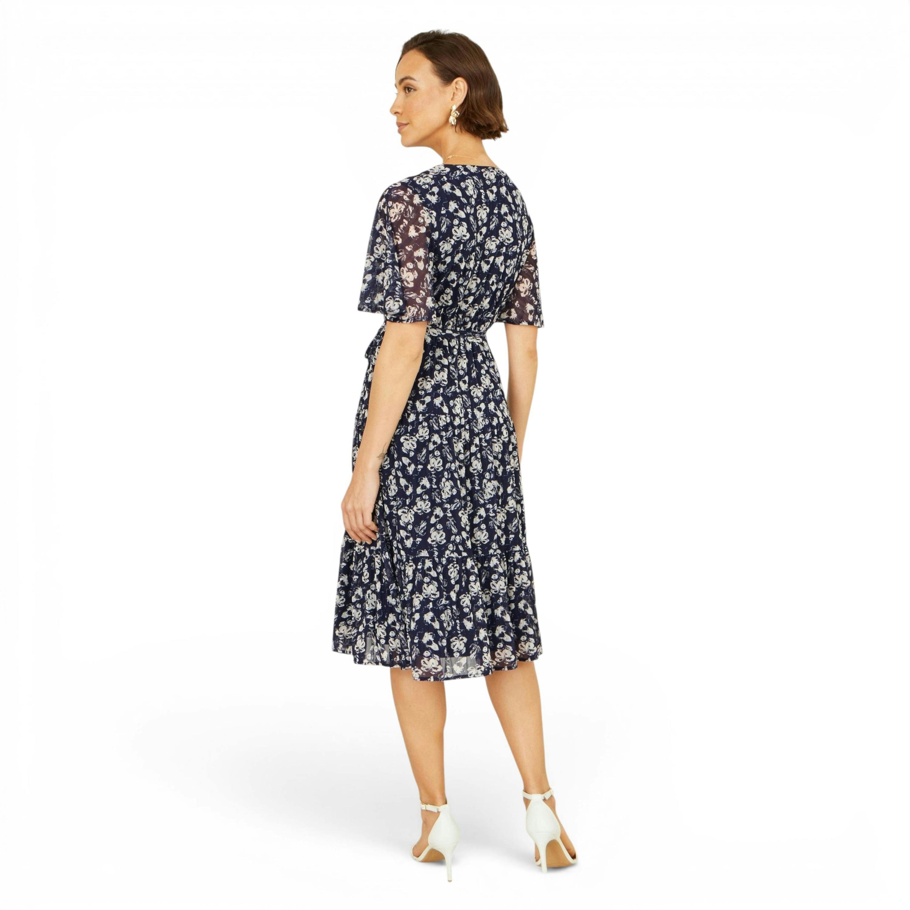 Yumi Navy Floral Mesh Wrap Dress , view 4 of 6