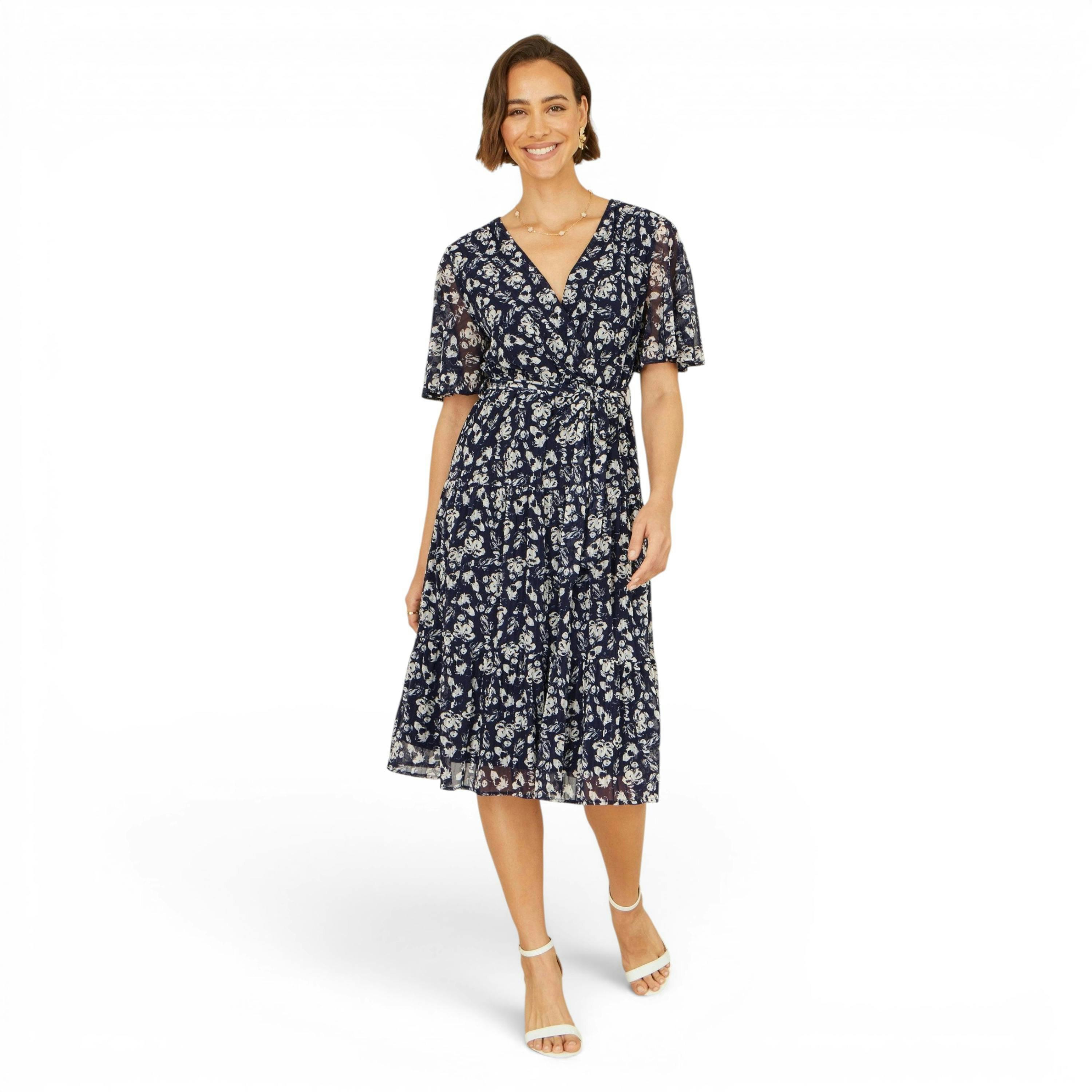 Yumi Navy Floral Mesh Wrap Dress , view 5 of 6
