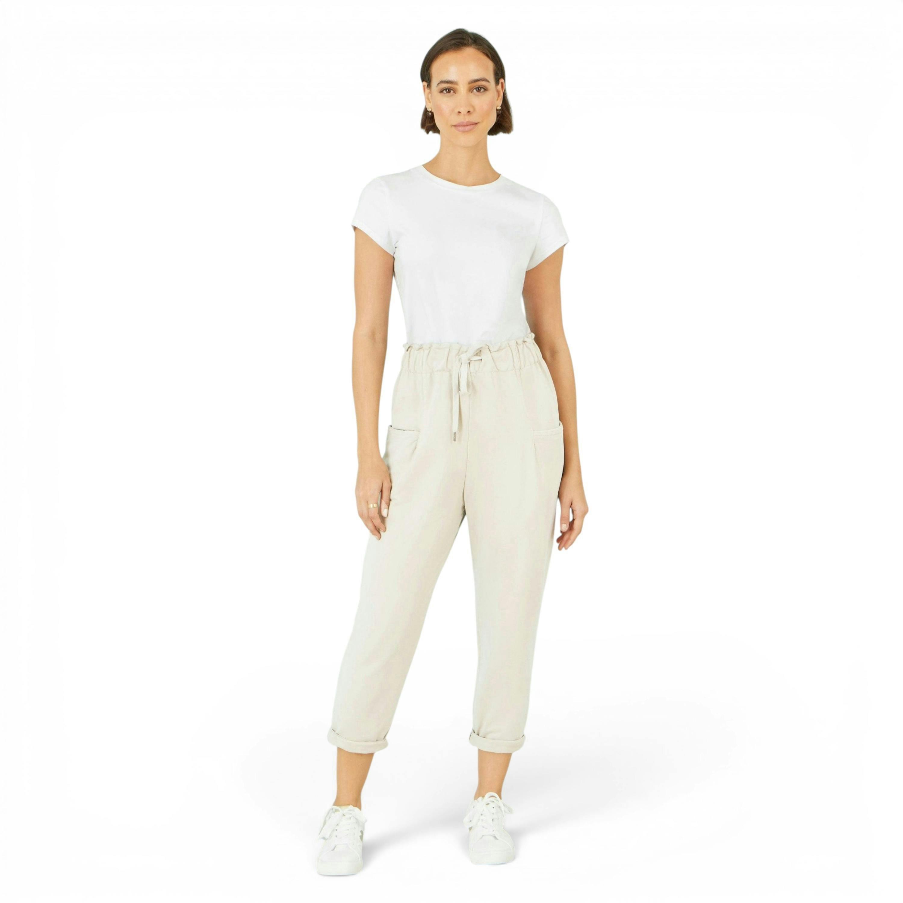 Yumi Cream Cotton Relaxed Stretch Trousers With Pockets , view 1 of 6